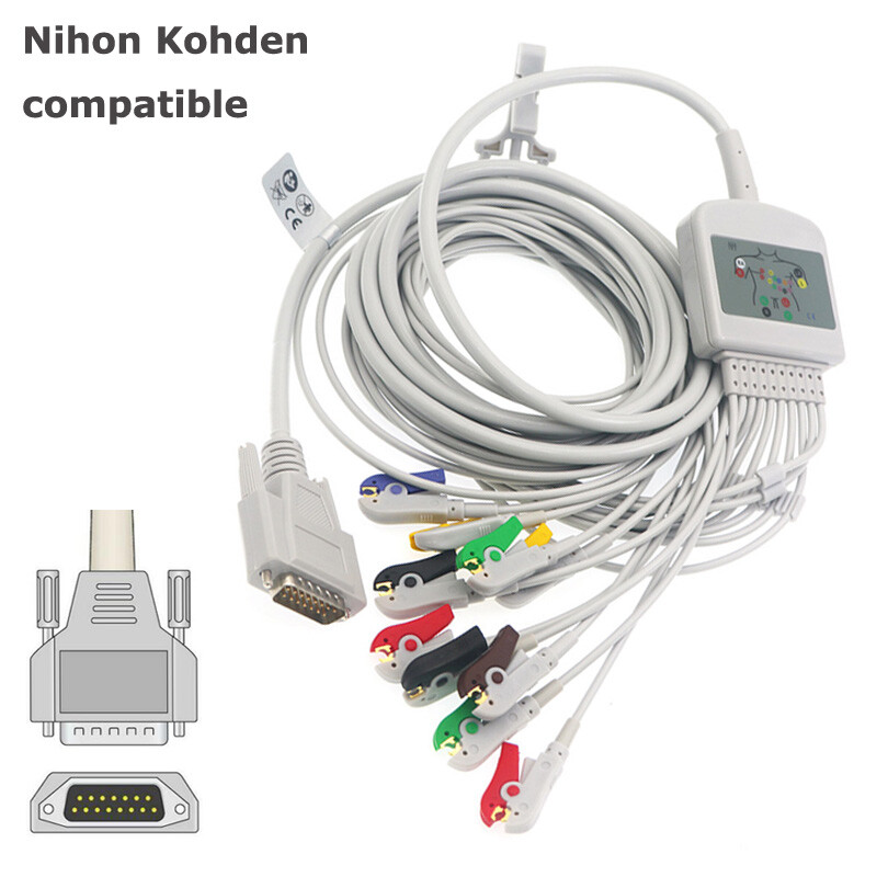 15Pin 10-lead Clip Type ECG/EKG Cable Fit For Nihon Kohden CardiofaxQ/1350/1350A