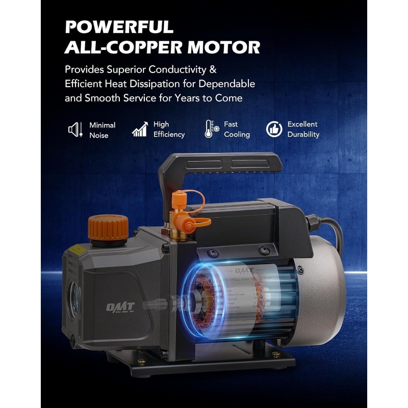 Orion Motor Tech Vacuum Pump, 4 cfm 1/3 hp HVAC Single Stage Vacuum Pump, Grey