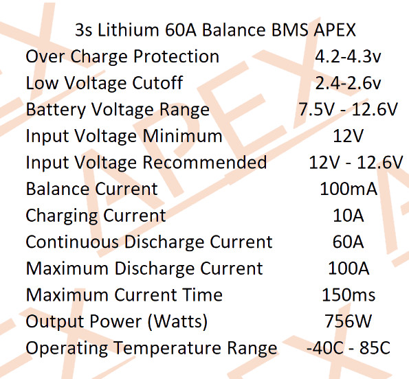 BMS 3S 60A – 80A 12.6v Li-ion Lithium APEX GOLD Battery Balance Charger 12v LiPo
