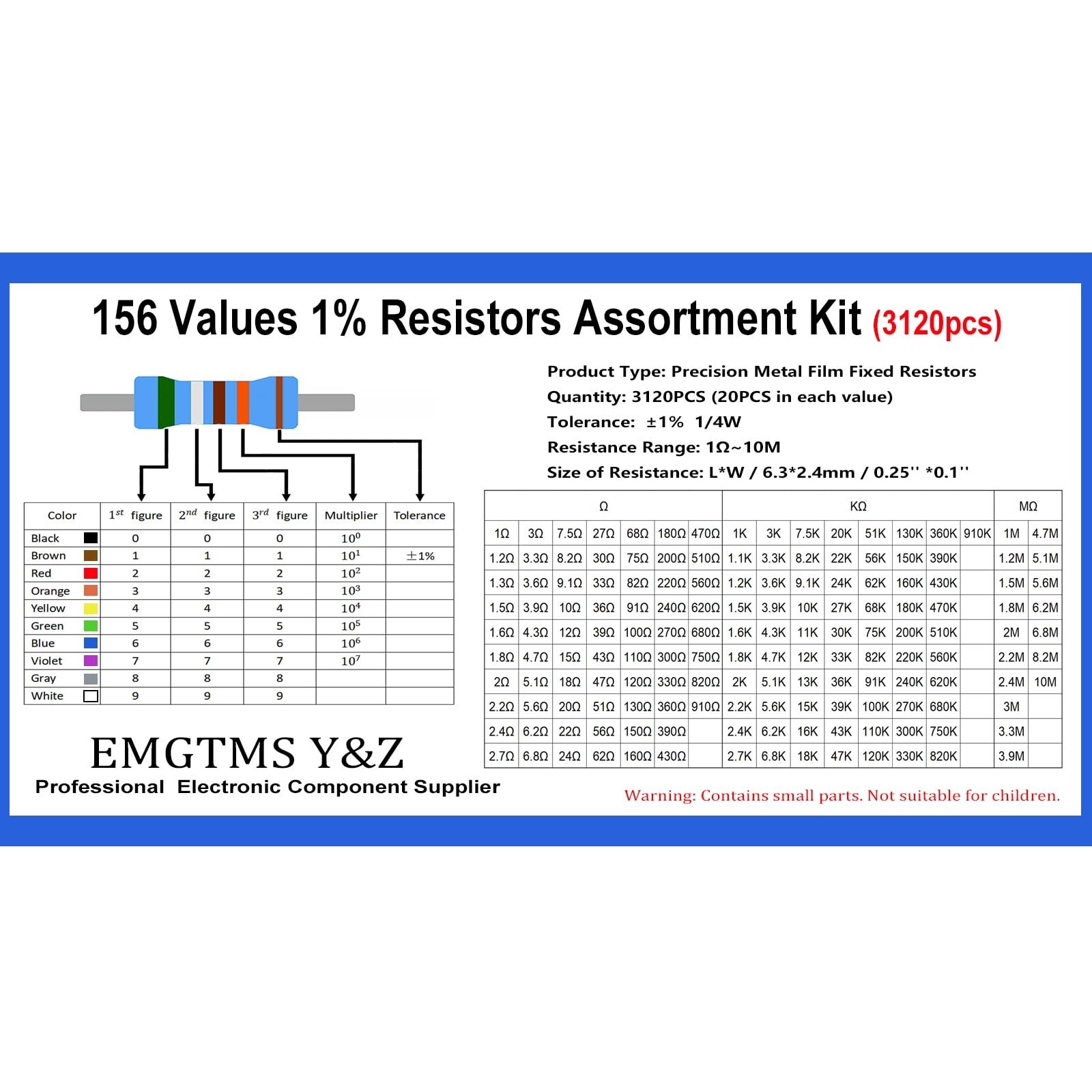 3120 Pcs 1/4W Metal Film Resistor Kit, 156 Values, ±1% Precision 1Ω-1MΩ
