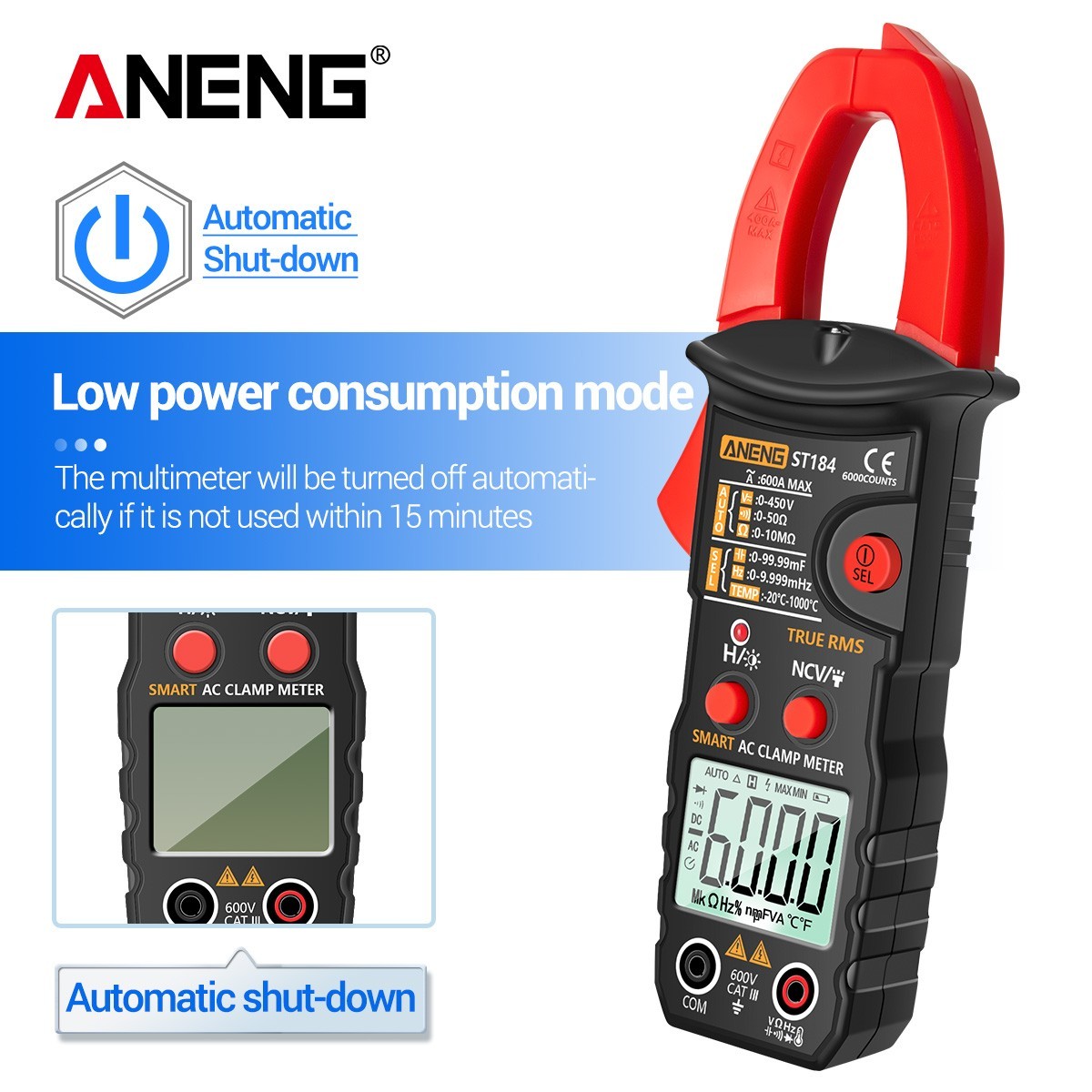 ANENG ST184 Clamp Meter True RMS 600A AC Auto Range NCV Temp Tester 6000 Counts