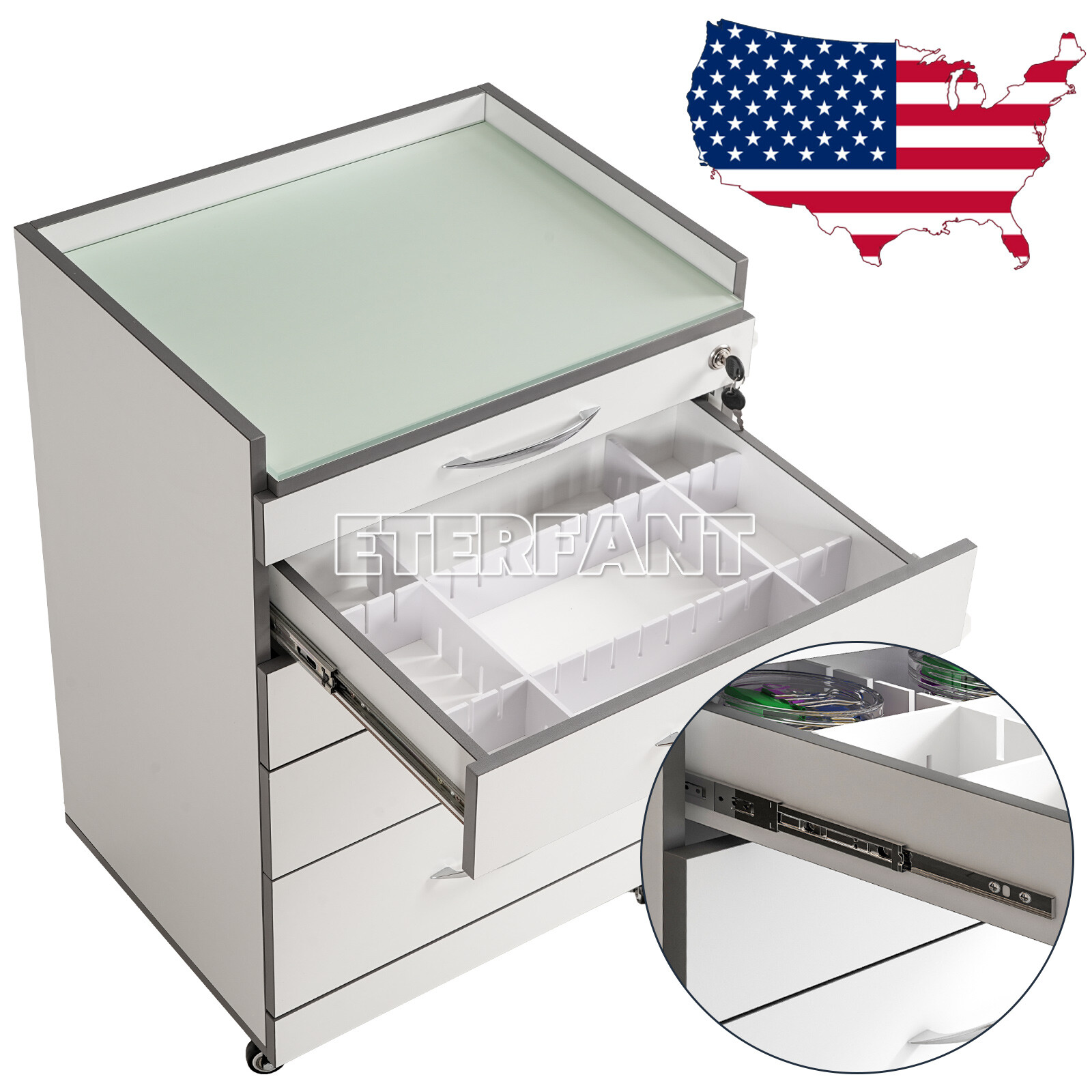 Dental Cabinet Rolling Medical Trolley Mobile Wooden Cart With Socket 4 Drawers