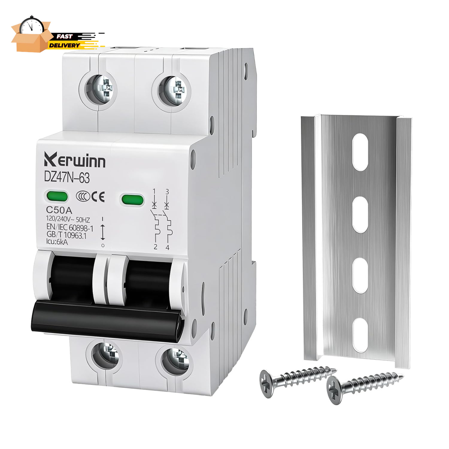AC Miniature Circuit Breaker 2 Pole 50A (MCB),120V/240V 50/60Hz DIN Rail Mount