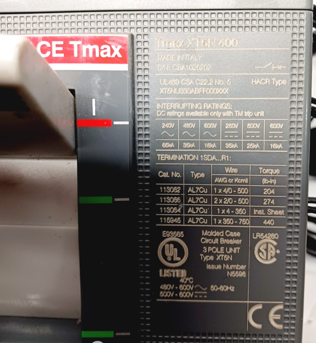 ABB TMAX 400 Amp Circuit Breaker 3 Pole 600 VAC XT5N400