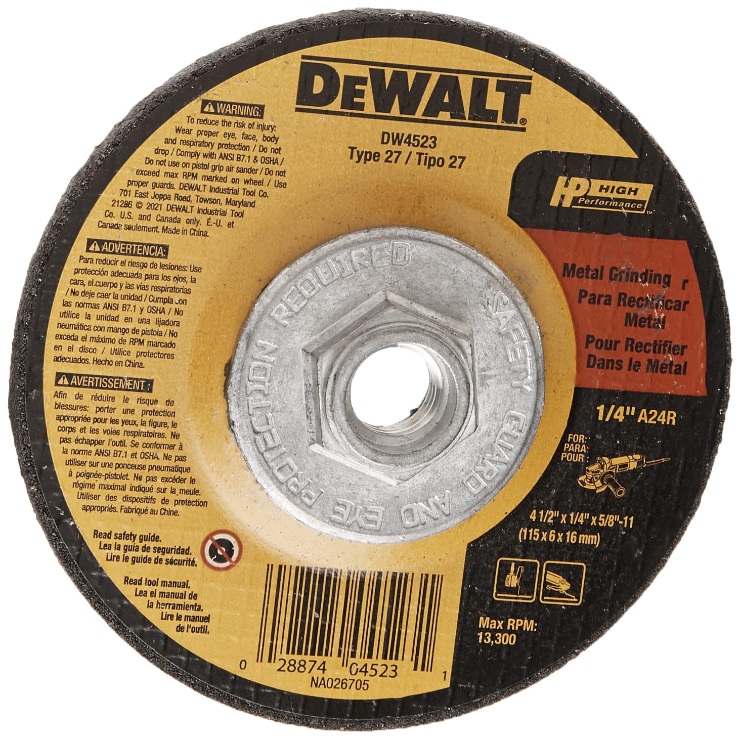 DeWalt DW4523 Grinding Wheel 4-1/2″ x 1/4″ Aluminum Oxide 13,300 RPM 5/8″