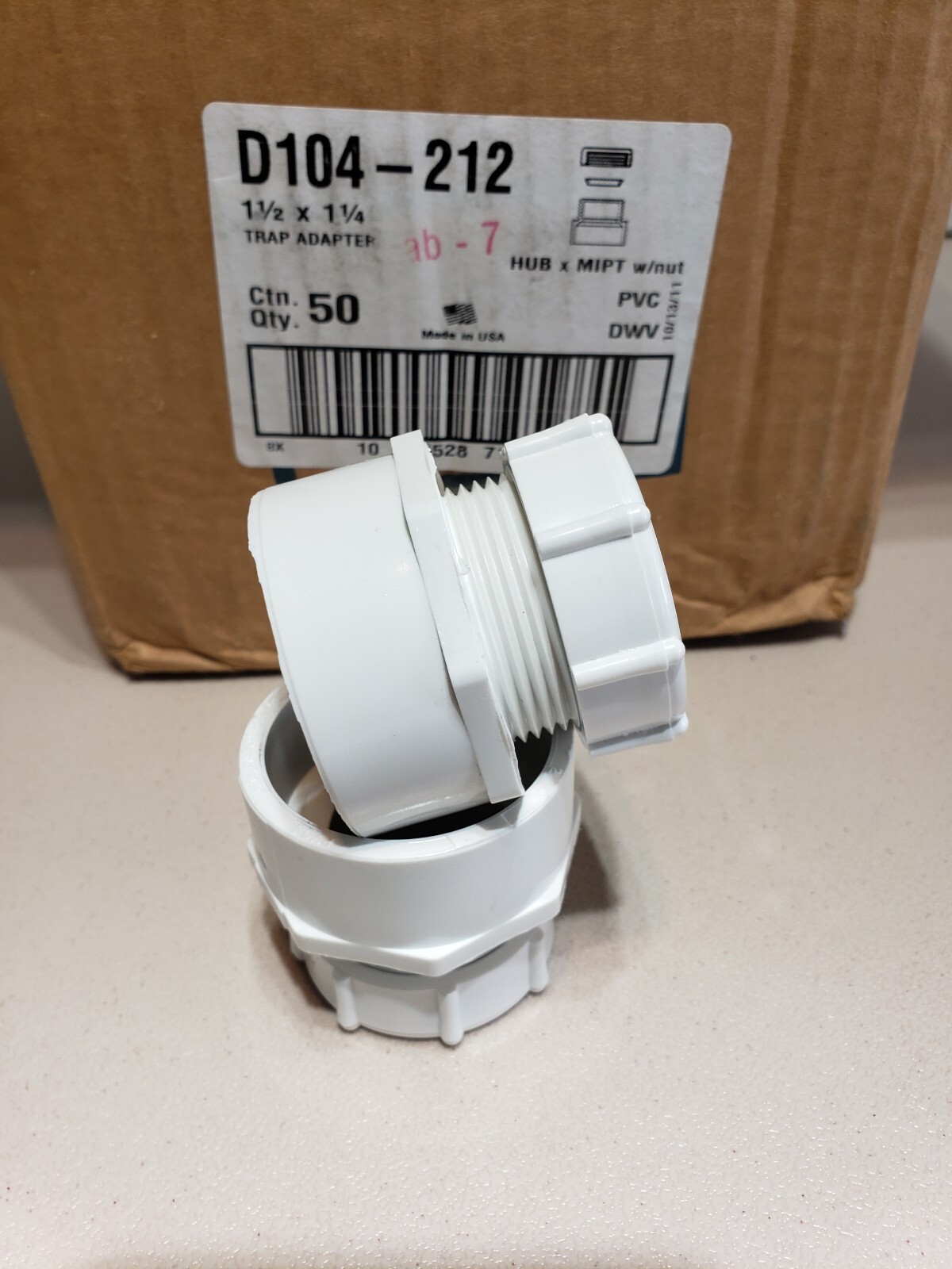 Case of 50- LASCO Trap Adapter w/washer & Plastic Nut PVC 1 1/2 x 1 1/4 Inch NOS