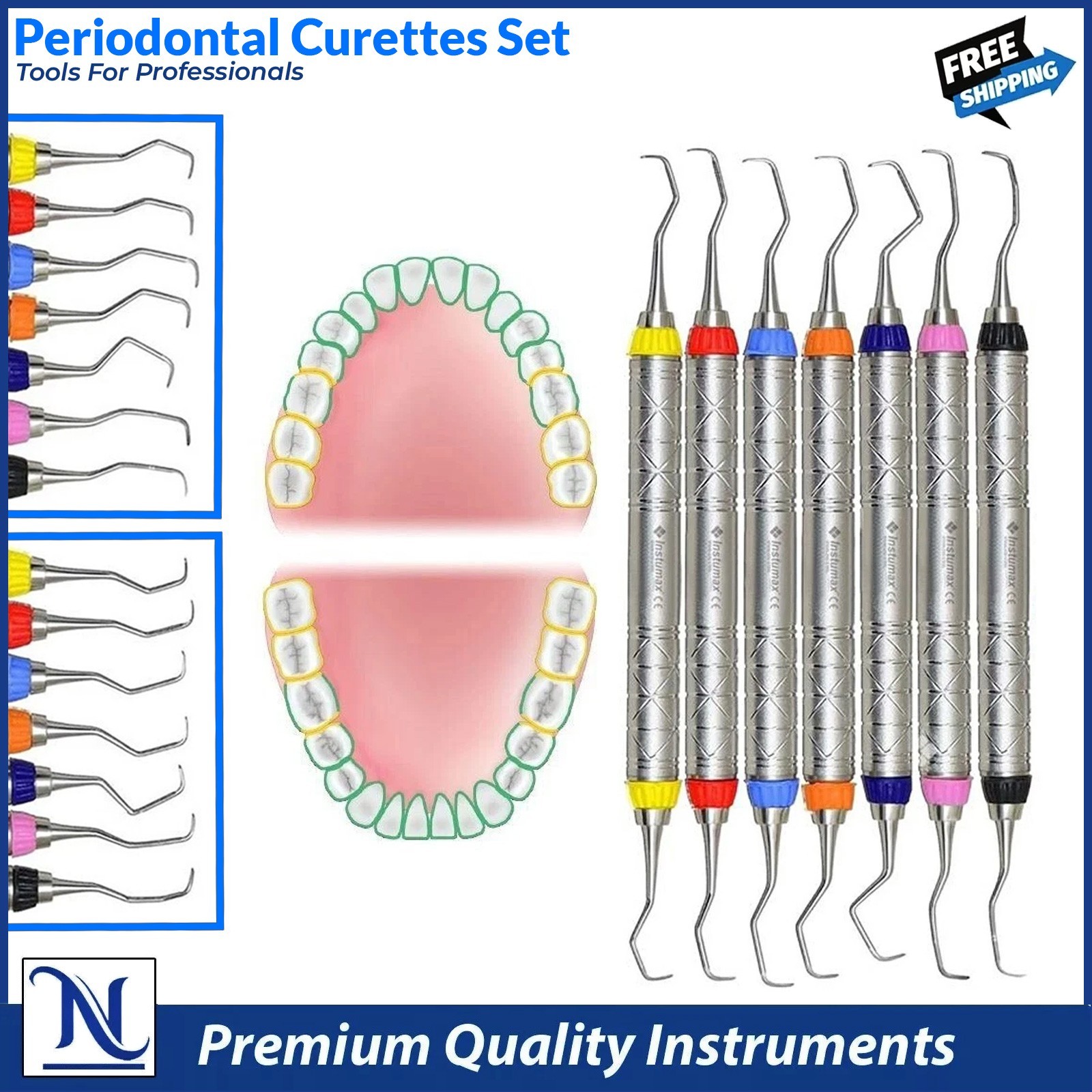 Set of 7 Dental Gracey Curettes | Periodontal Hygiene Scalers with Hollow Handle