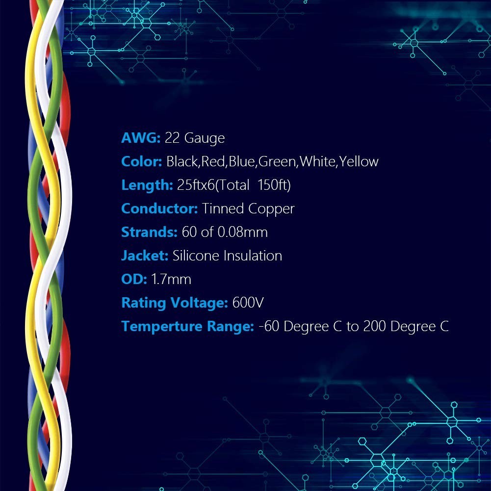 22 Gauge Silicone Hook Up Wire 25 Feet Each in Yellow Blue Green Red Black White