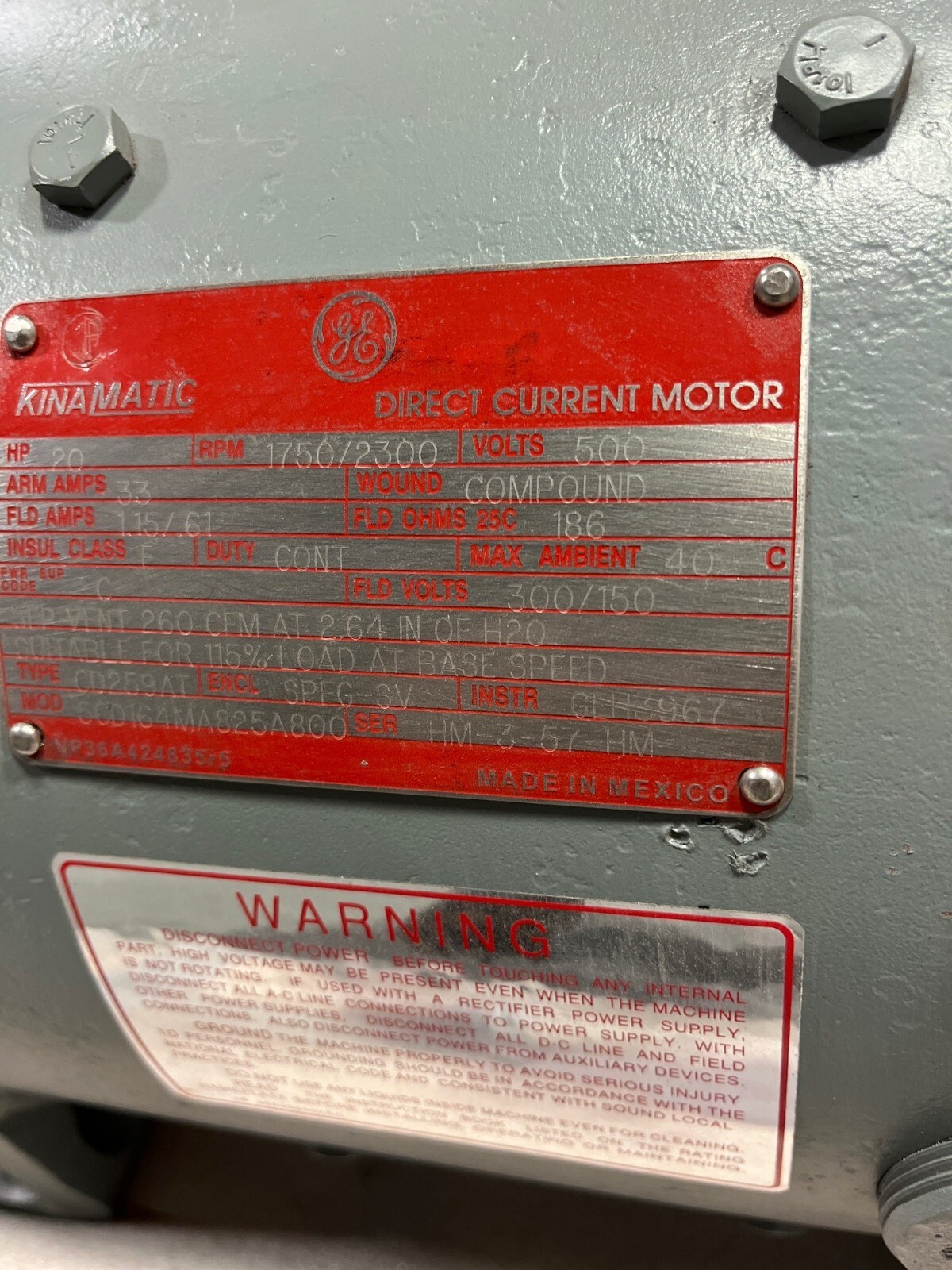 GE KINAMATIC DC 20HP LOW VOLTAGE ELECTRIC MOTOR