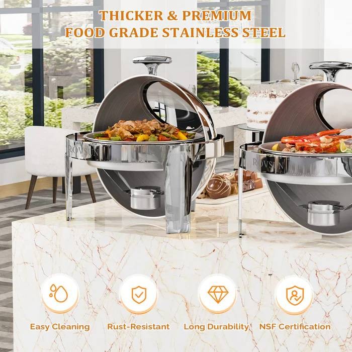 6Qt Round Roll Top Chafing Dish Buffet Set with Glass Window Silver for Wedding