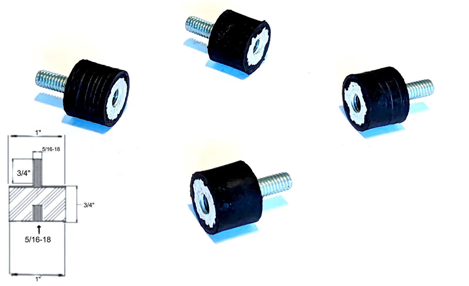 4 Rubber Vibration Isolator Mounts (1″ Diameter x 3/4″ Height) 5/16-18 x 3/4″ Lo