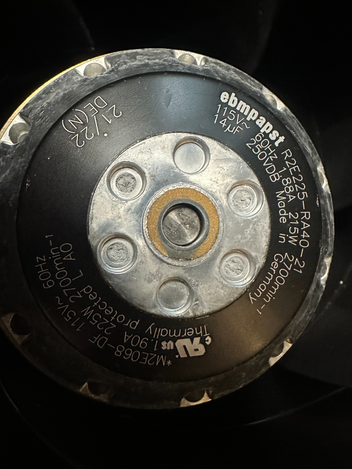 ebm-papst R2E225-RA40-21 AC Centrifugal Blower Fan 115V w/Capacitor + Inlet Cone