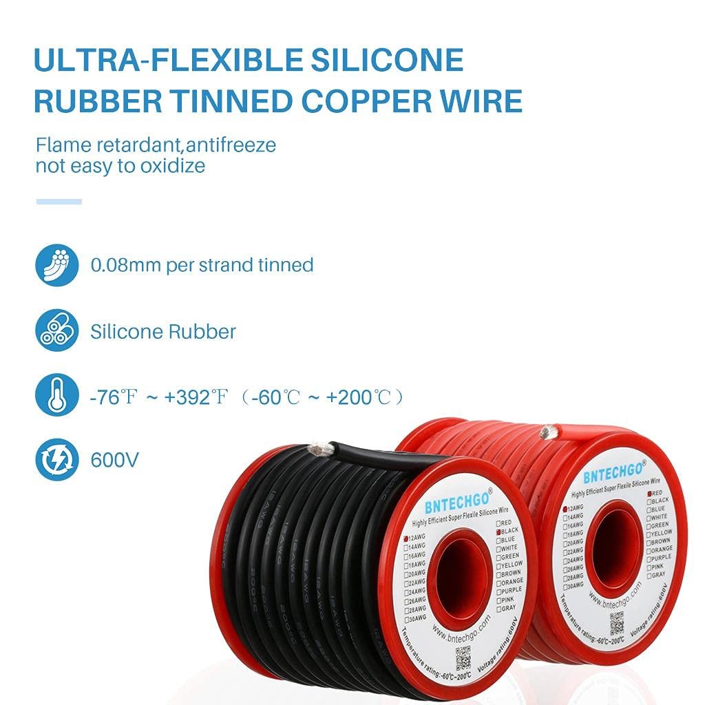 12 AWG Silicone Wire 25ft Red Black Flexible Stranded Tinned Copper Spool