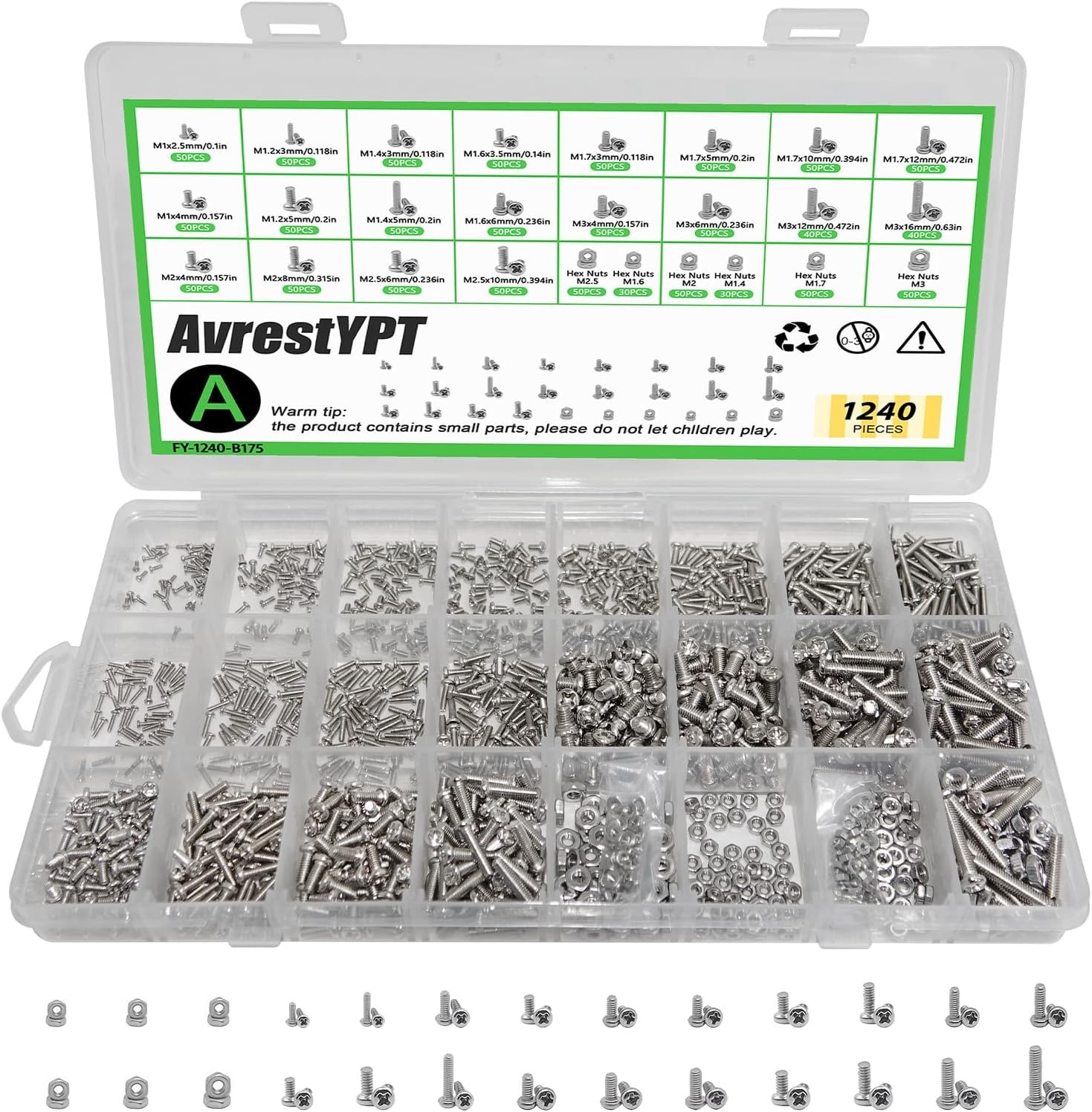1240Pcs 304 Stainless Steel Metric Micro Screws Nuts Assortment, M1 M1.2 M1.4…