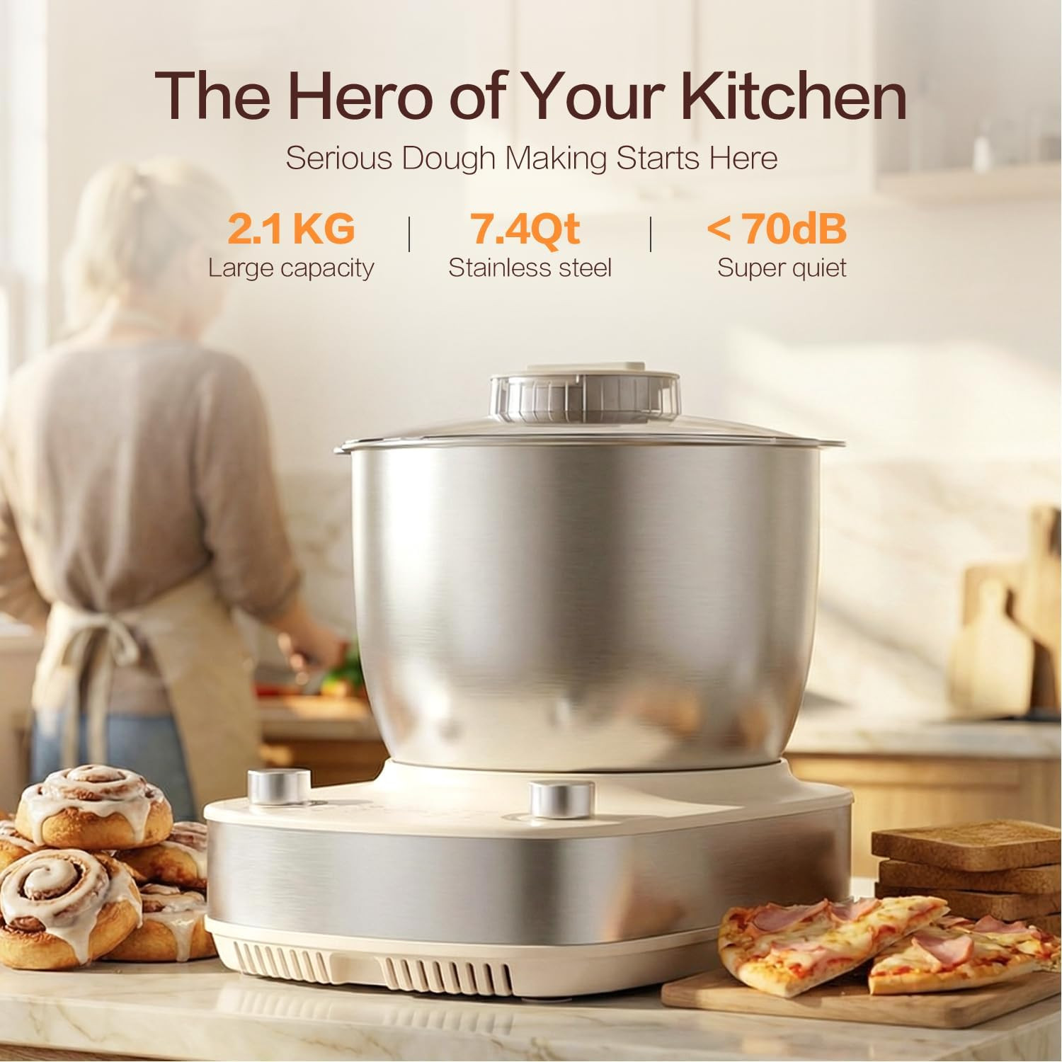 7.4QT Electric Dough Mixer with Timer for Bread, Pizza & Sourdough Baking