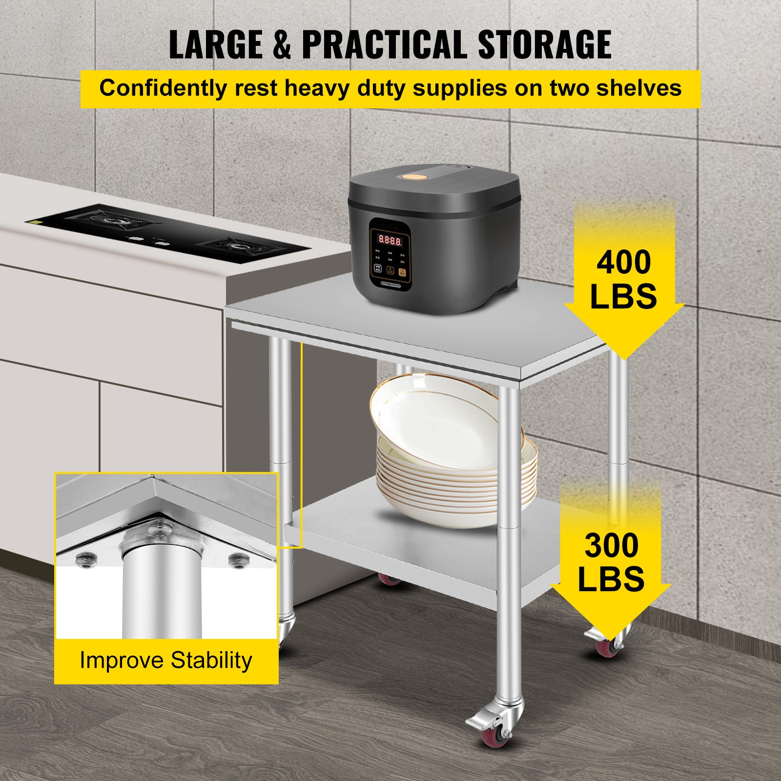 VEVOR Stainless Steel Work Table with Wheels 24×30 Inch Kitchen Food Prep Table