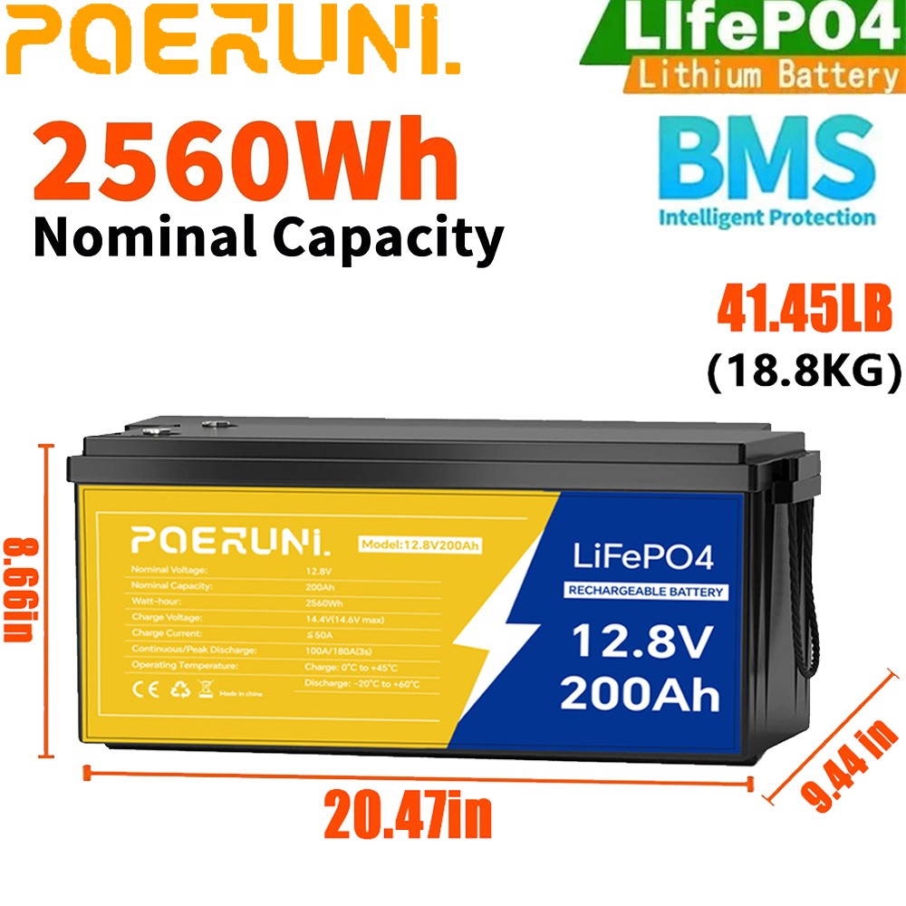NEW 12V 200AH LiFePO4 Lithium Battery 2560W Deep Cycle BMS for Solar RV Off-grid