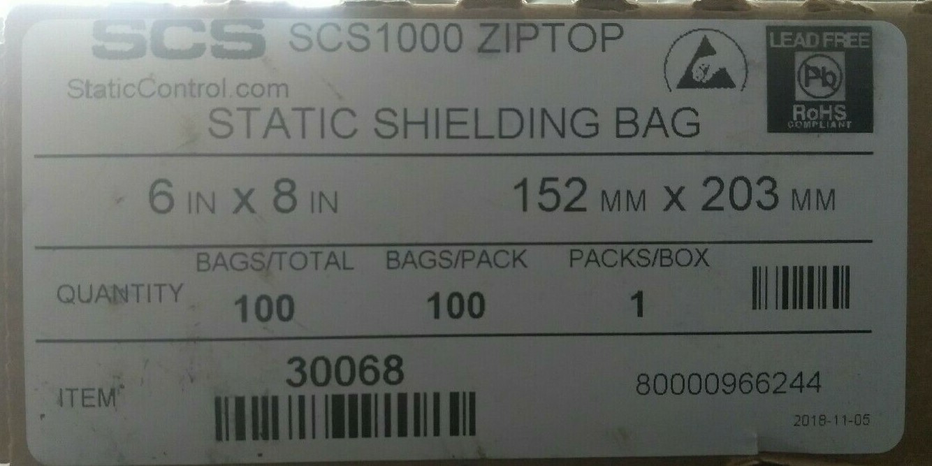 SCS1000 6″ x 8″ Static Shielding Bag ZIP Lot of 100 Bags Lead Free SCS