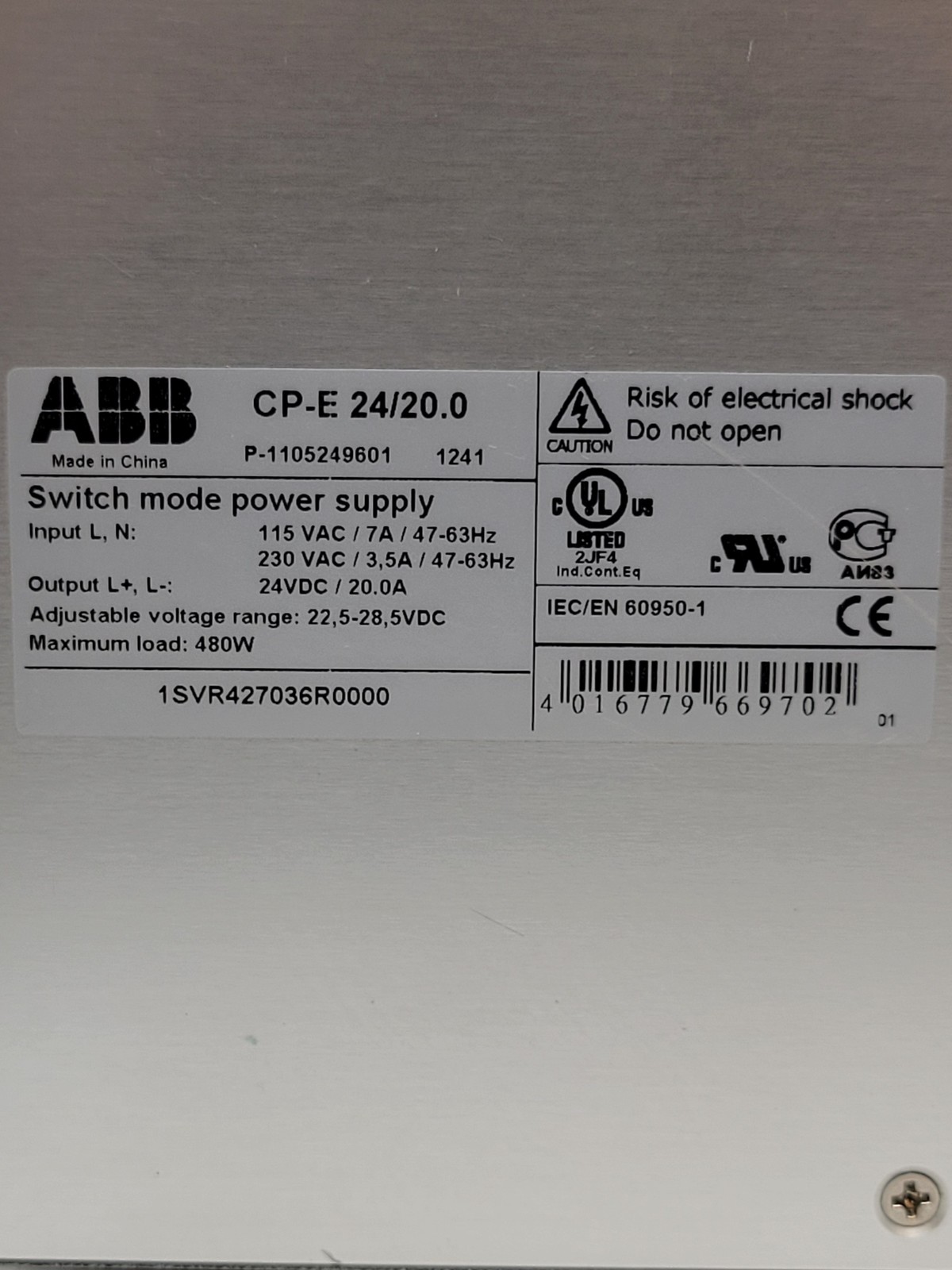 ABB CP-E-24/20.0 Switching Power Supply 115/230V Input 24V 20.0A Output