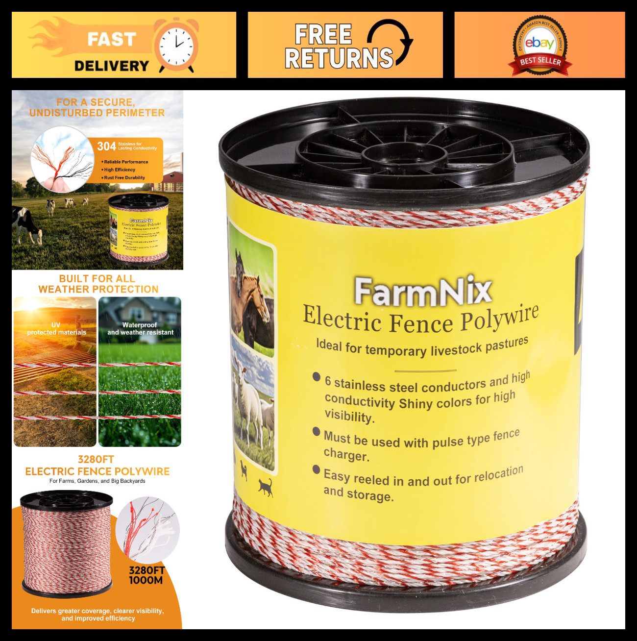 3280ft Electric Fence Wire Rope, 6 Strand Stainless Steel Polywire, Rust Resista
