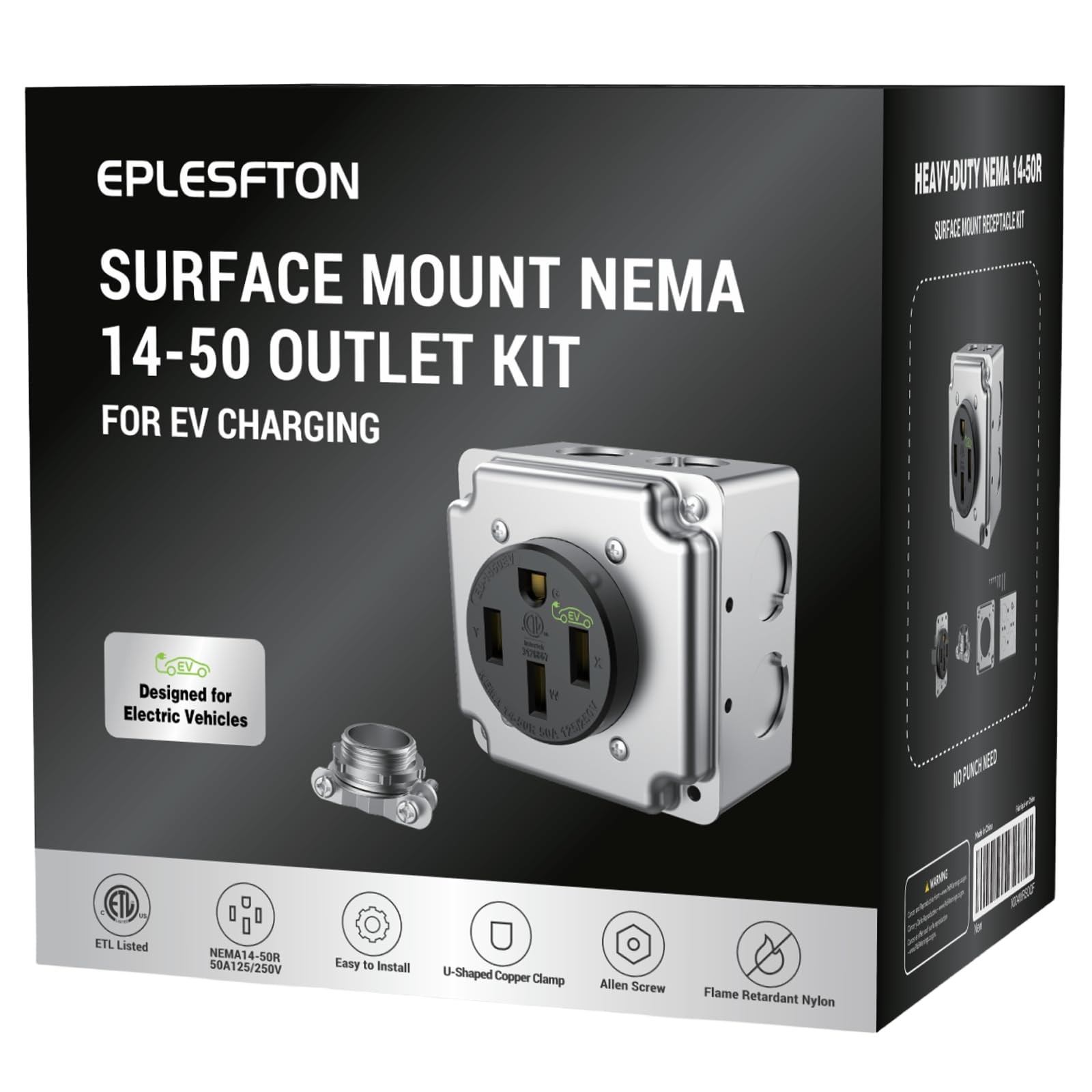 EPLESFTON Nema 14-50 EV Outlet with Surface Mount Box Mount, Black