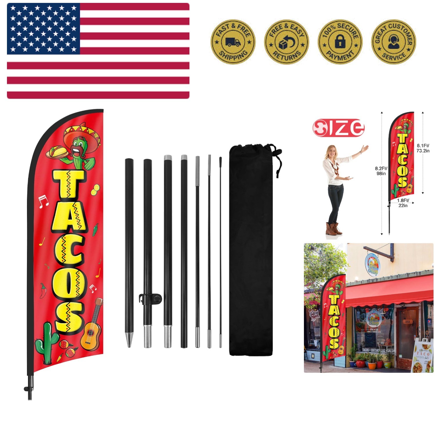 Tacos Feather Flag Banner with Pole & Stake, Advertising Sign for Tacos Busin…