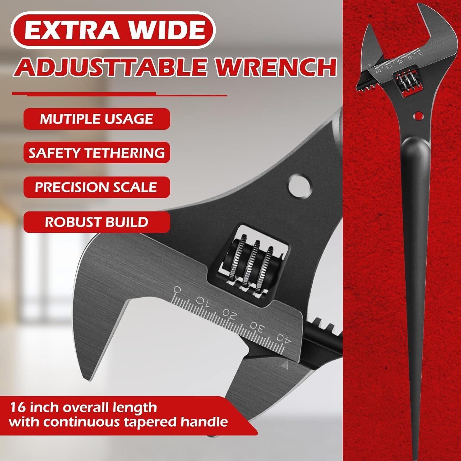 3239 16″ Extra Wide Adjustable Wrench 1‑5/8″ Opening For Nuts & Bolts Up to 1″