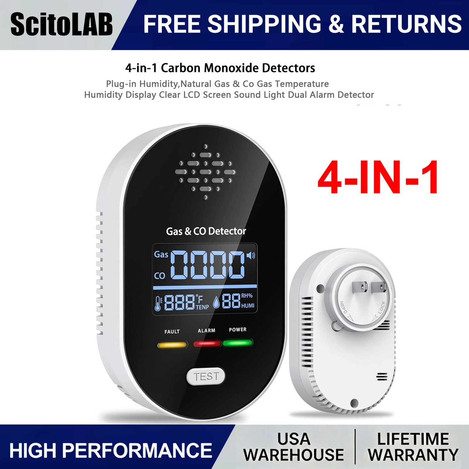 New 4-in-1 Carbon Monoxide Detectors Plug-in with Fahrenheit(°F) & Humidity, US