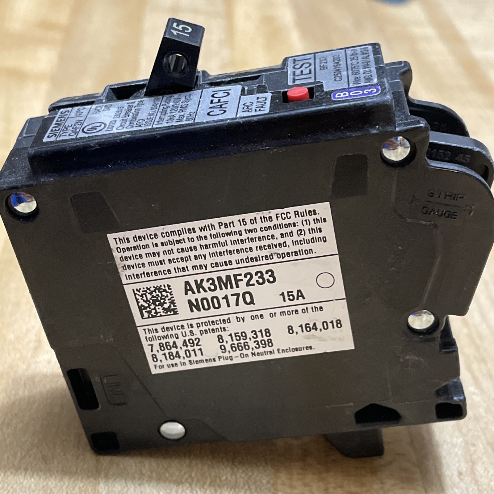 SIEMENS QA115AFCN ARC FAULT CIRCUIT BREAKER TYPE AFCI 15 AMP 1 POLE