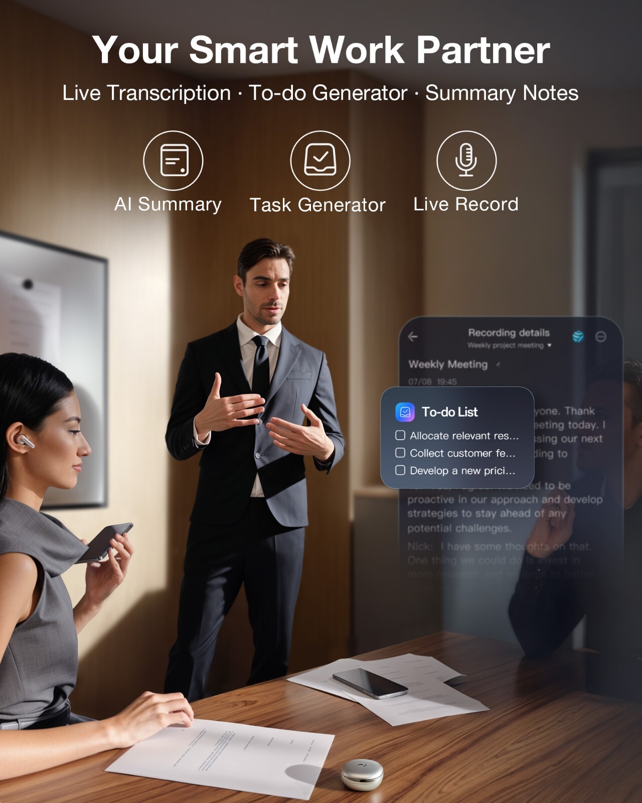Viaim RecDot Wireless Bluetooth AI Conference Earbuds with Live Transcription