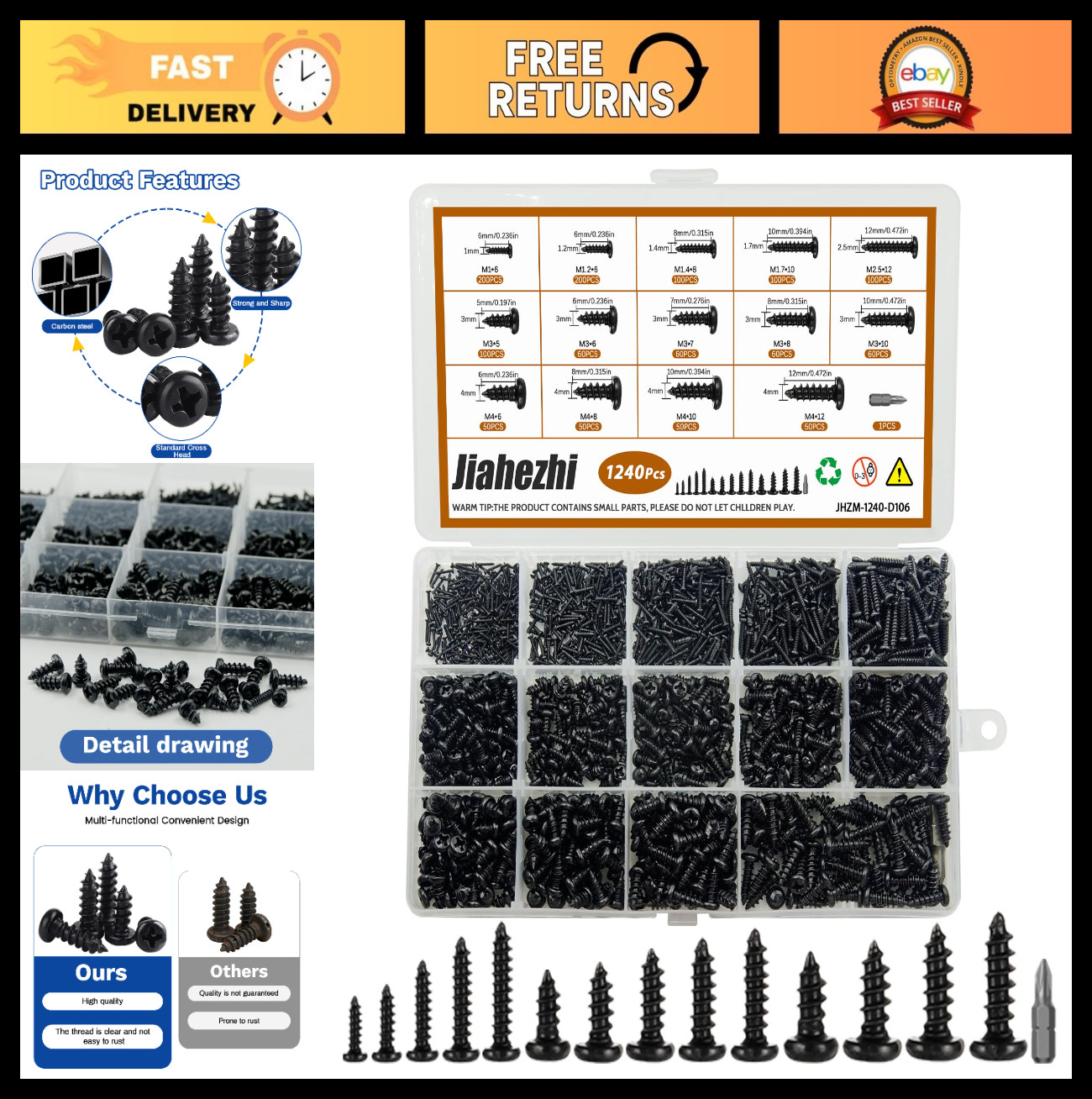 1240Pcs Self-Tapping Screws Kit – Phillips Pan Head, M1-M4 Metric Set for Wood,