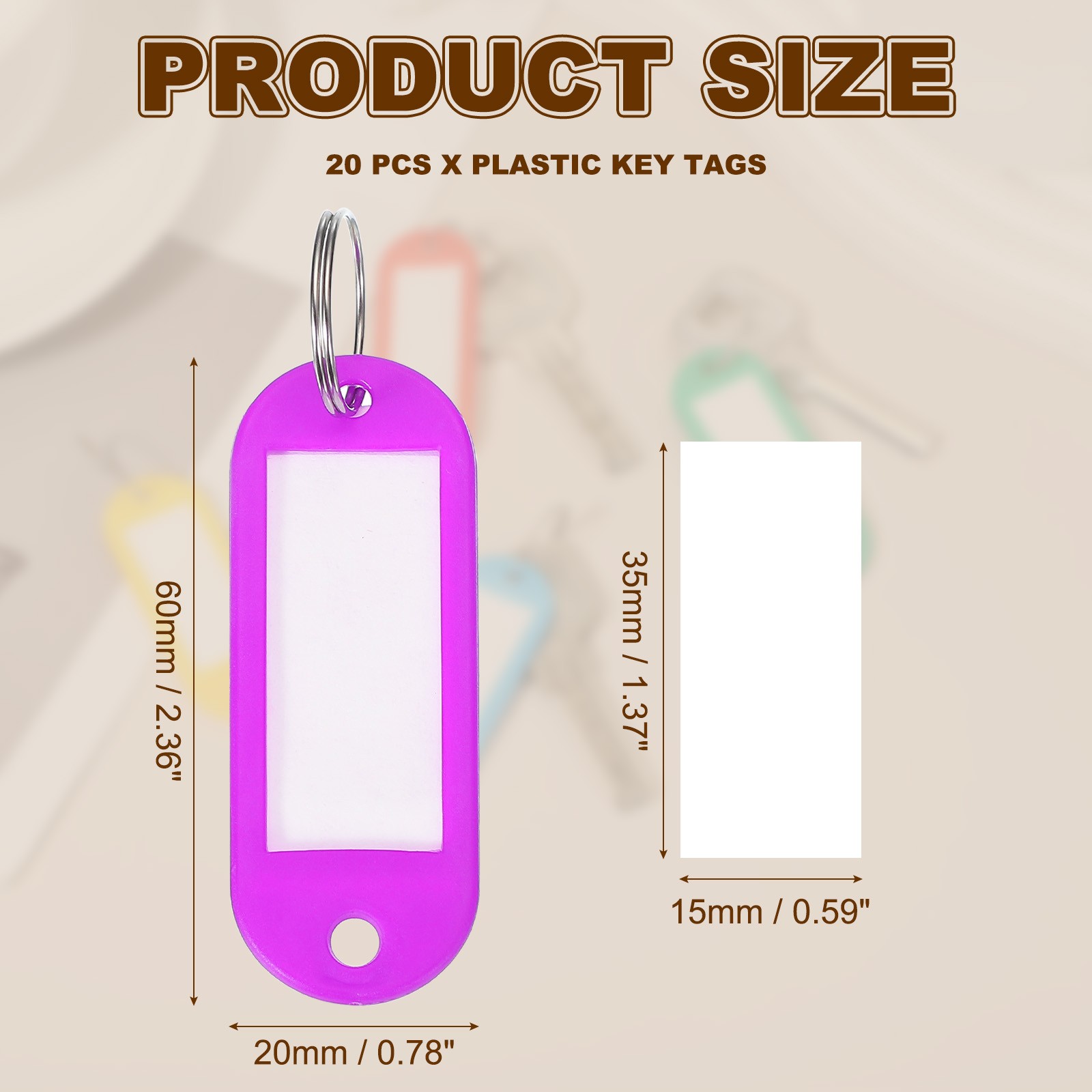 20pcs Plastic Key Tags with Split Ring Labels Window Pink