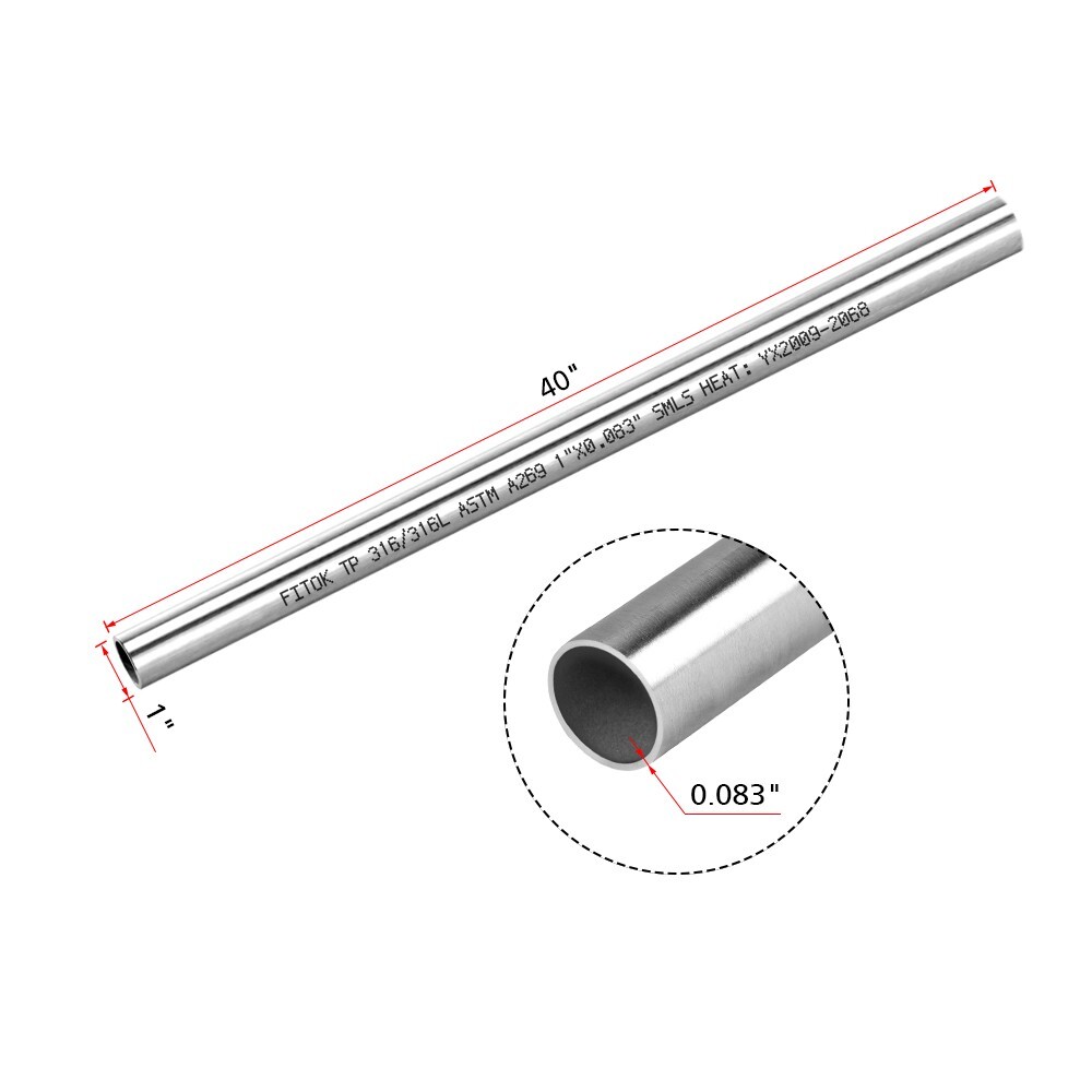 FITOK 316/316L SS Seamless Tubing 1″ OD × 0.083″ Wall × 40″ L Annealed ASTM A269