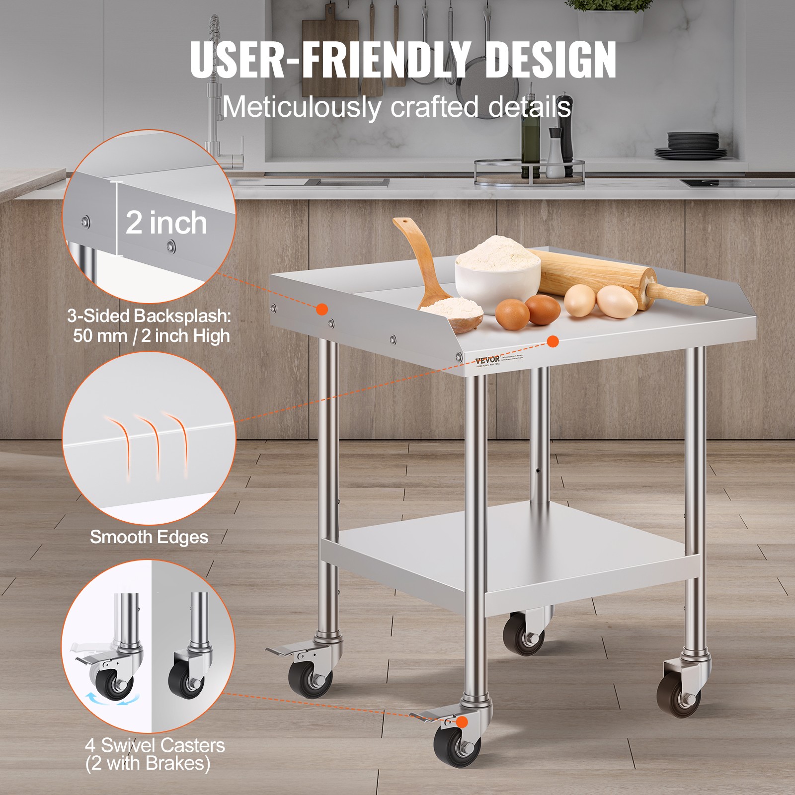 VEVOR Stainless Steel Work Table 24″x24″ Commercial Food Prep Table W/ 4 Casters