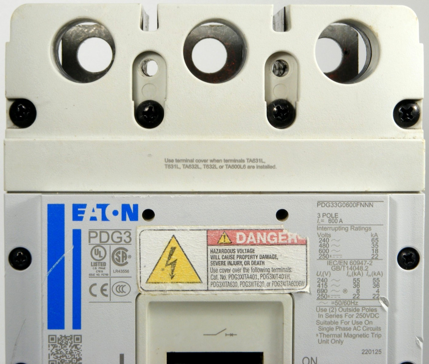 USED Eaton PDG33G0600FNNN Circuit Breaker with 600A Trip Unit, 3P 600V 35kA@480V
