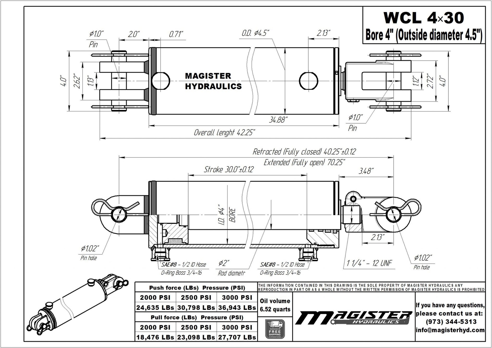 Hydraulic Cylinder Welded Double Acting 4″ Bore 30″ Stroke Clevis End 4×30 NEW
