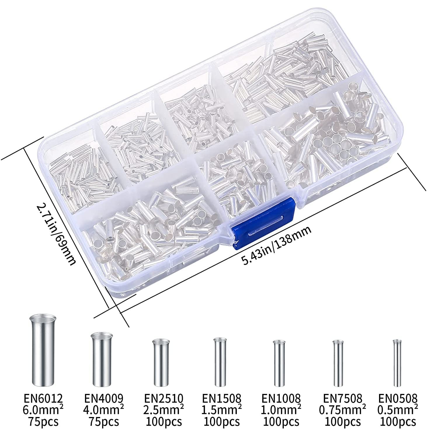 650 Pcs 7 Sizes Wire Ferrules Kit, Tinned Copper Crimp Connectors, Silver