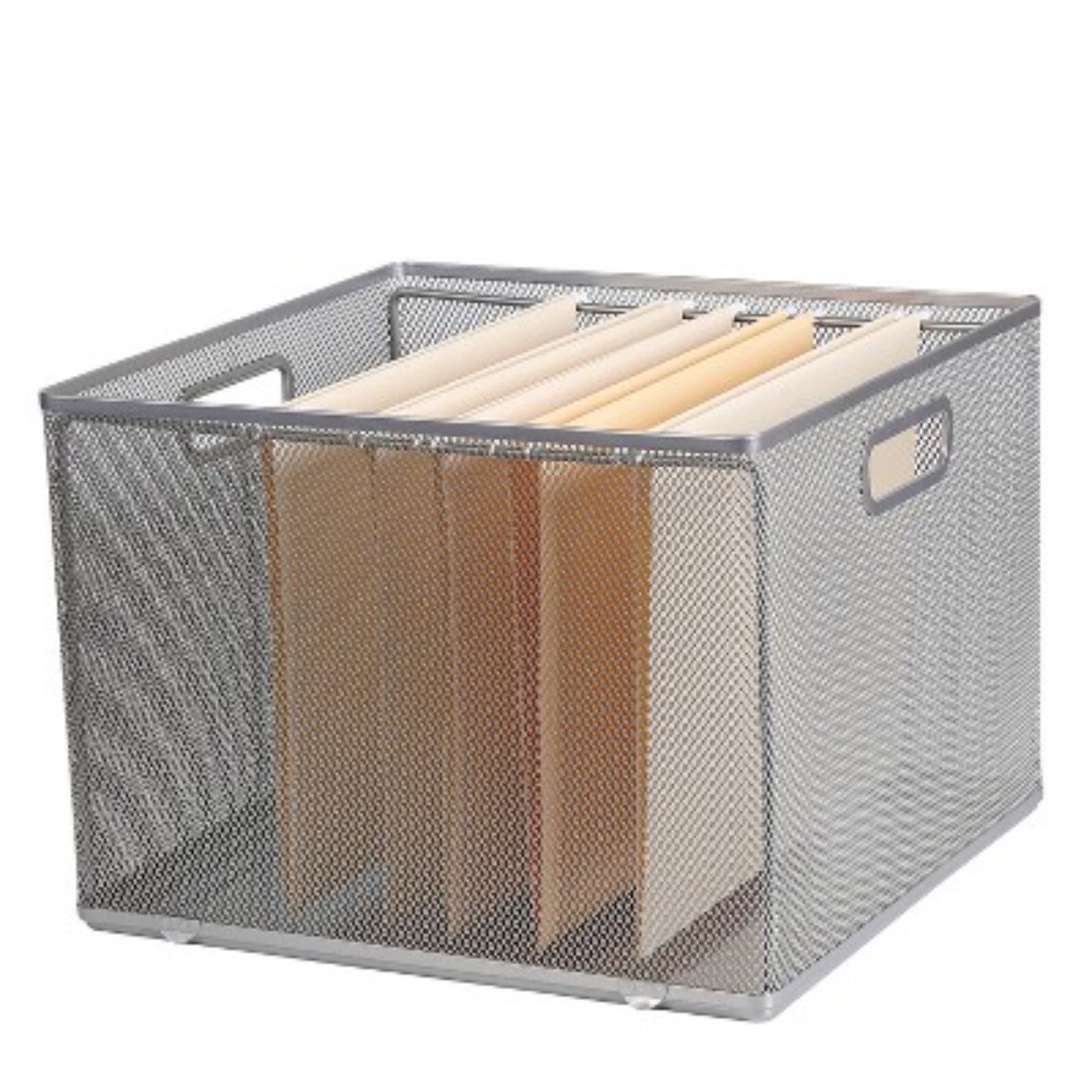 Silver Hanging File Crate 10x14x13.25 Metal Mesh Office Storage Box
