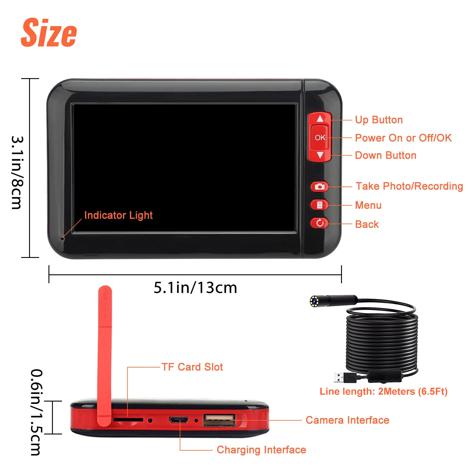 1080P HD Industrial Endoscope Borescope 4.3» Screen 8mm Inspection Snake Camera