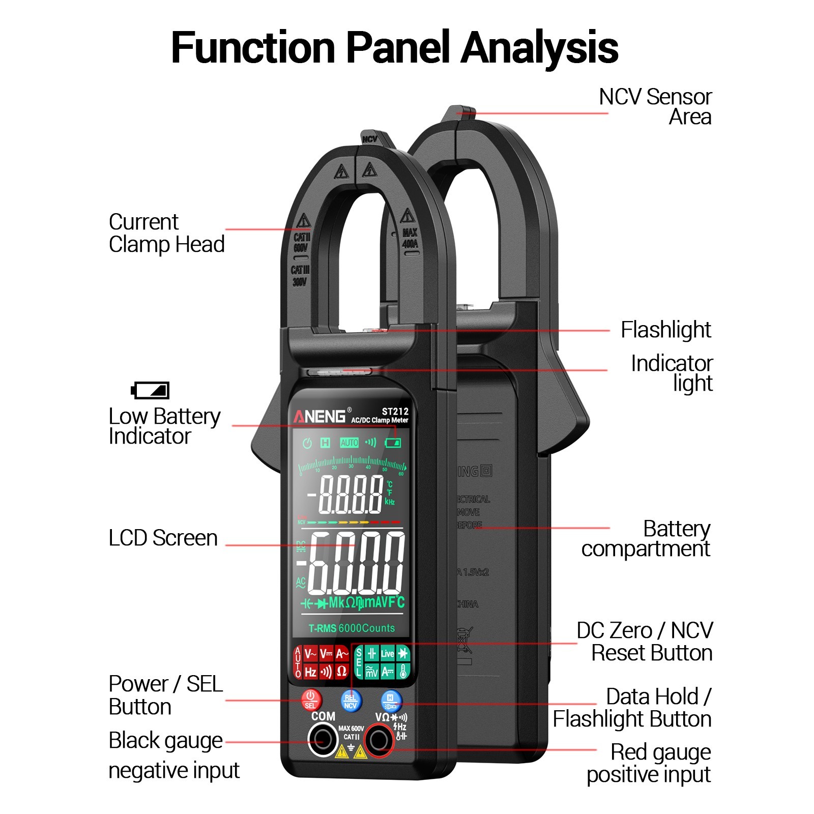 ANENG ST212 Clamp Meter Digital Multimeter Professional T-RMS 400A AC/DC Tester