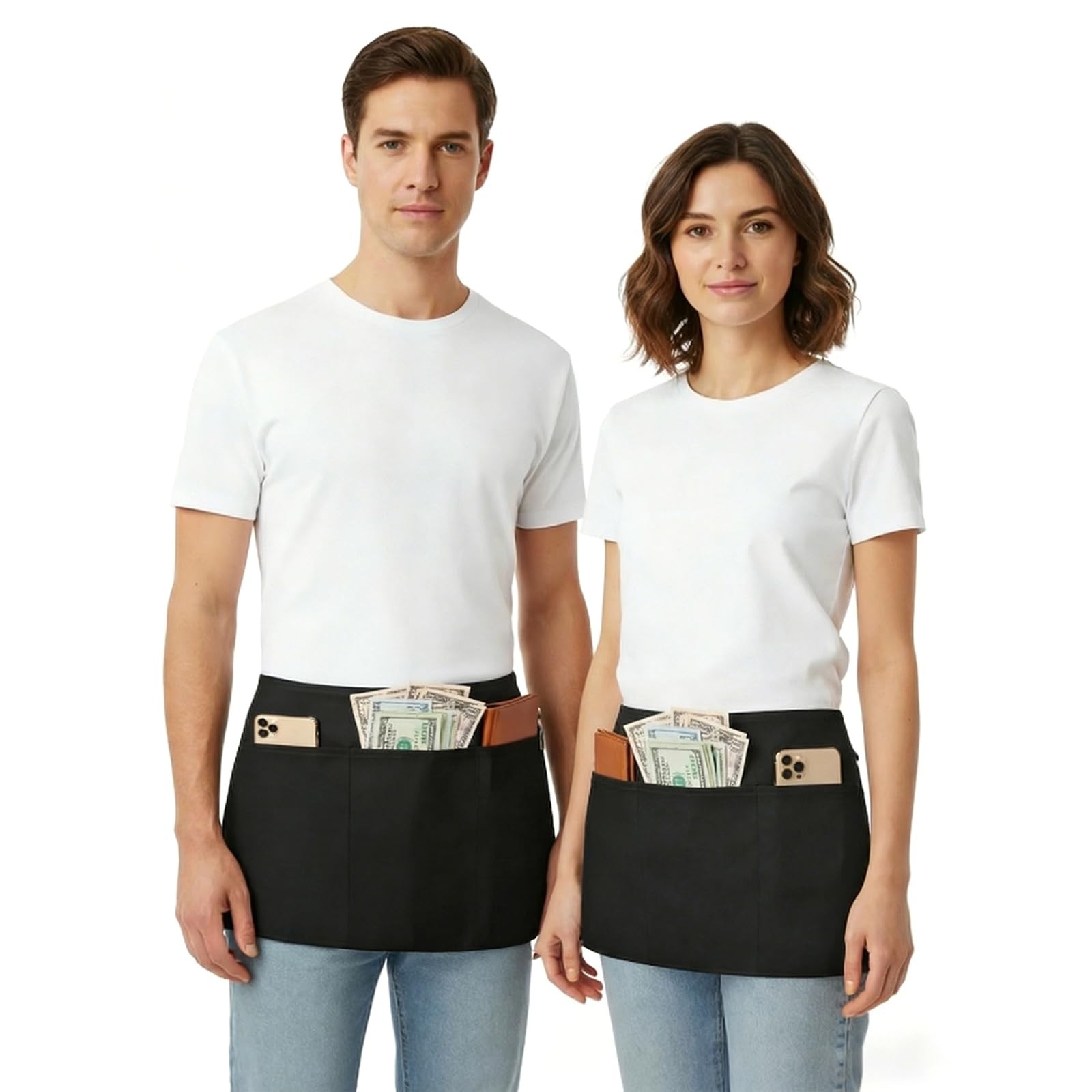 BOHARERS Waist Apron with 3 Pockets – Black Waitress One Size, B-2 Pack