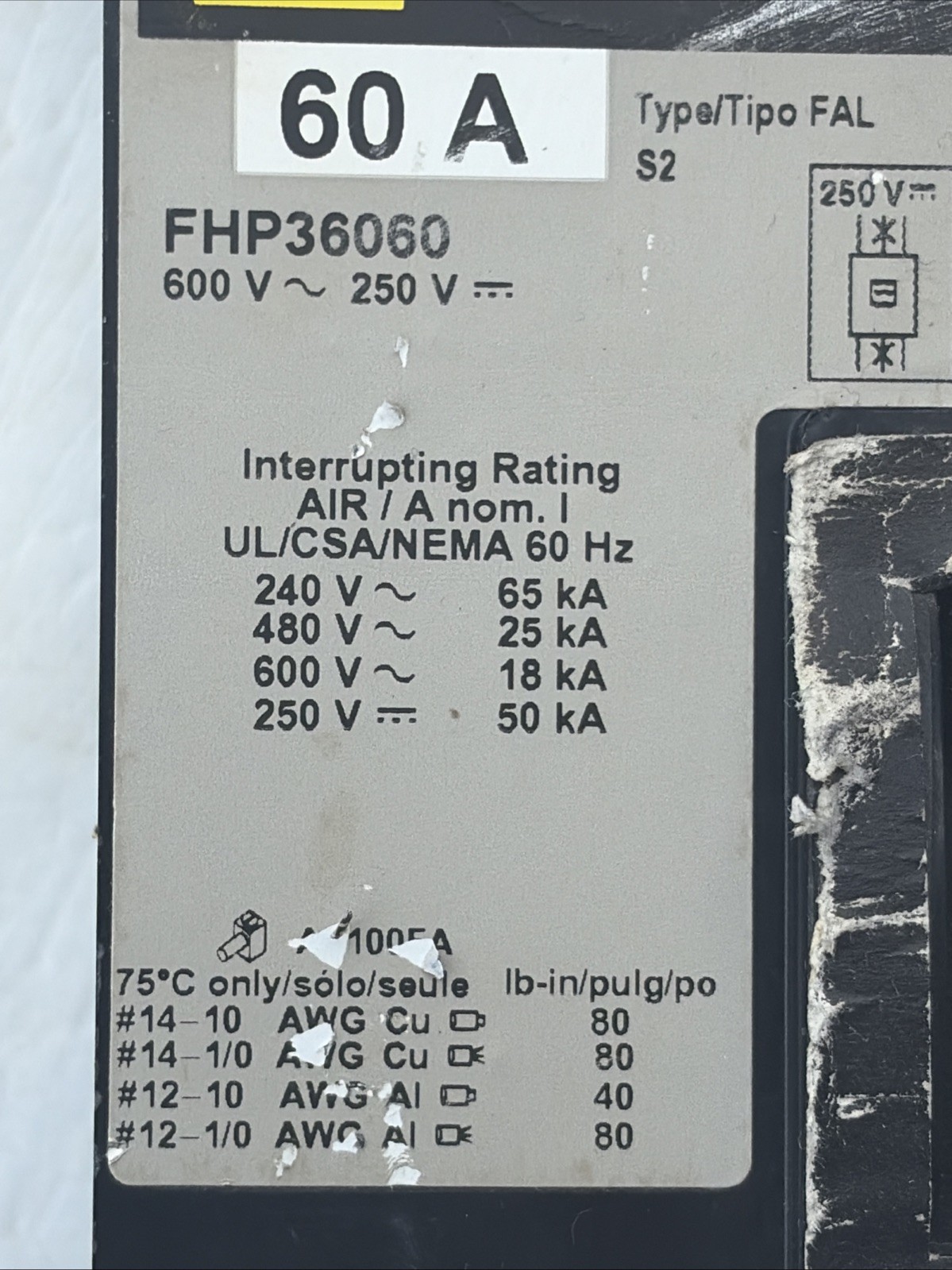 SQUARE D FHP36060 Circuit Breaker 60A, 600 VAC, 3-POLE *GREAT CONDITION*