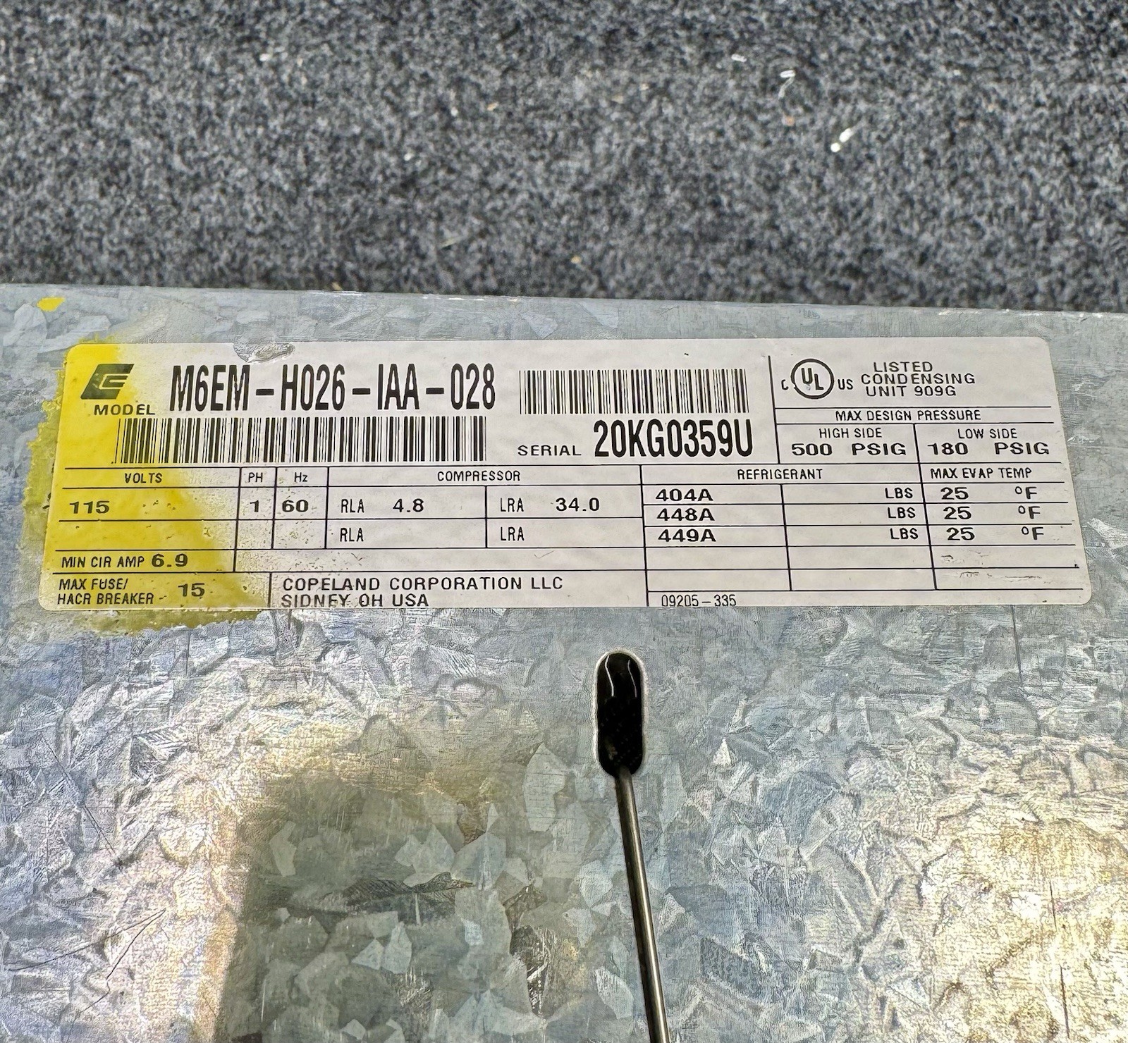 Copeland M6EM-H026-IAA-028 Condensing Unit R404A 448A 449A, M/HBP, 115V, 1 Phase