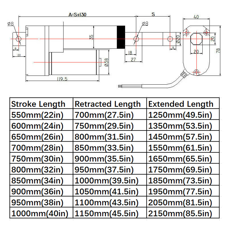 DC 12V Linear Actuator Heavy Duty Stroke 2″~40″ 1000MM 3000N 660lbs Waterproof