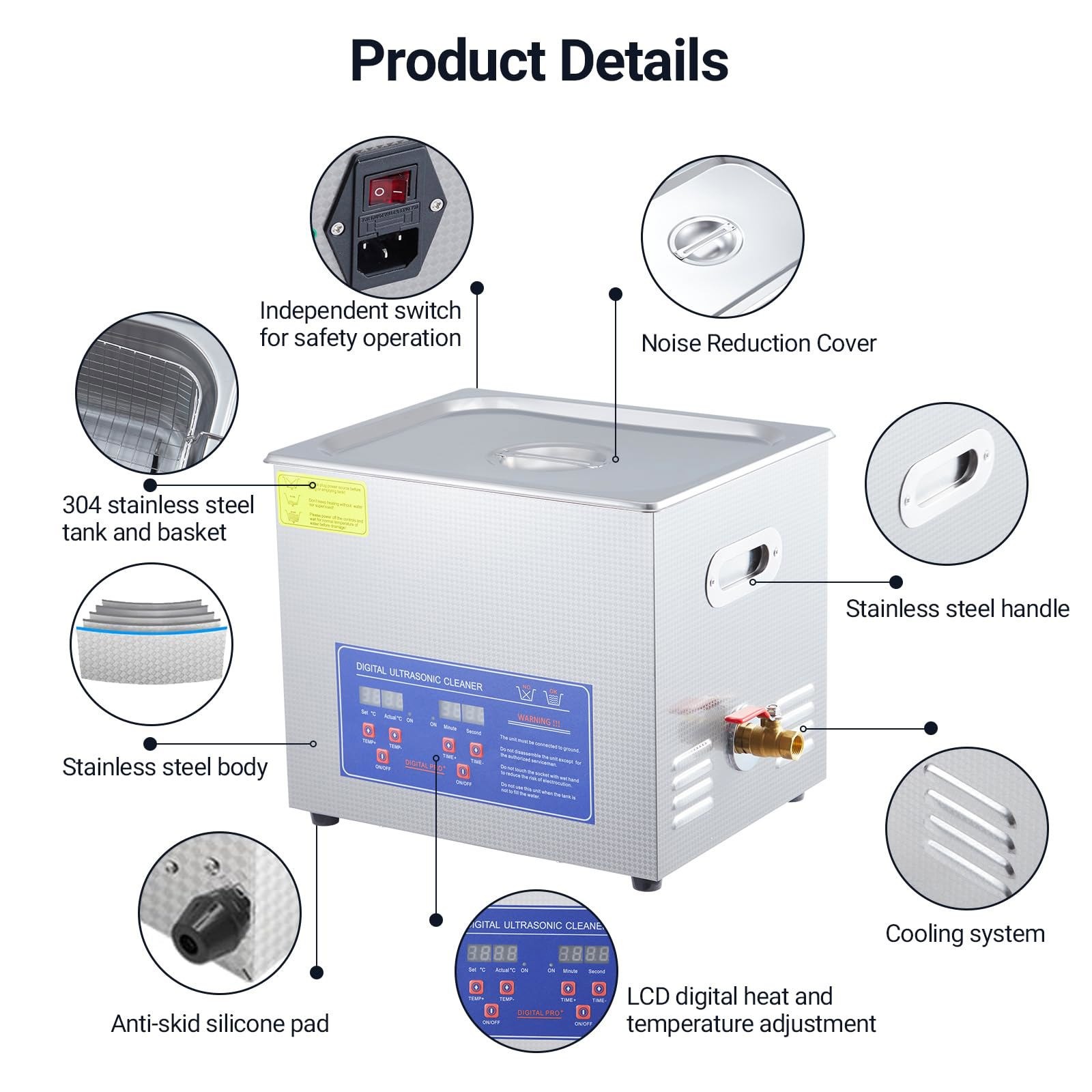 10L Ultrasonic – 240W, 40kHz, Digital Timer & Heater, Heavy-Duty Lab Cleaner