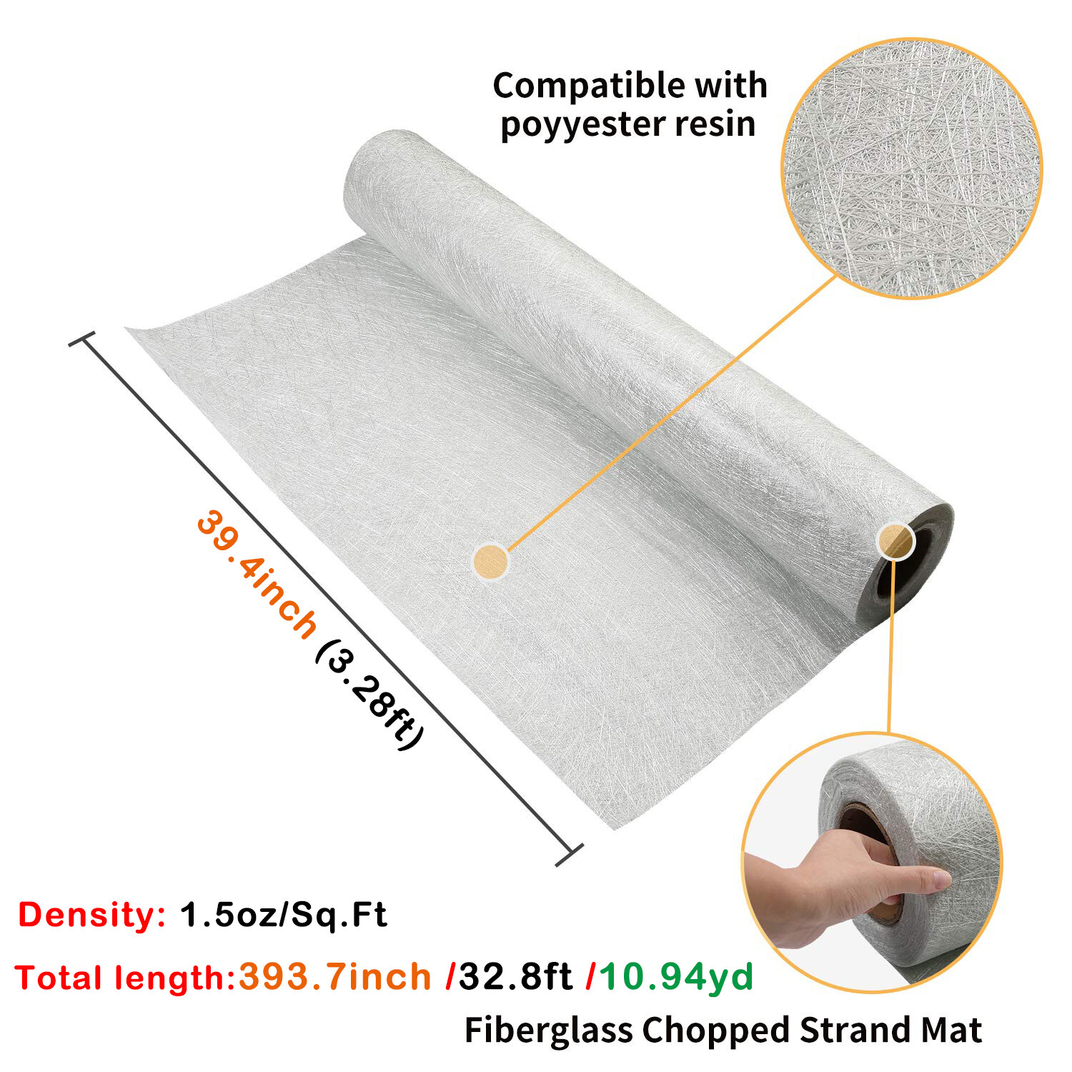 9.5 OZ White Glass Fiber Cloth Mesh 39» x 11 Yards Woven Roving Glass Fiber