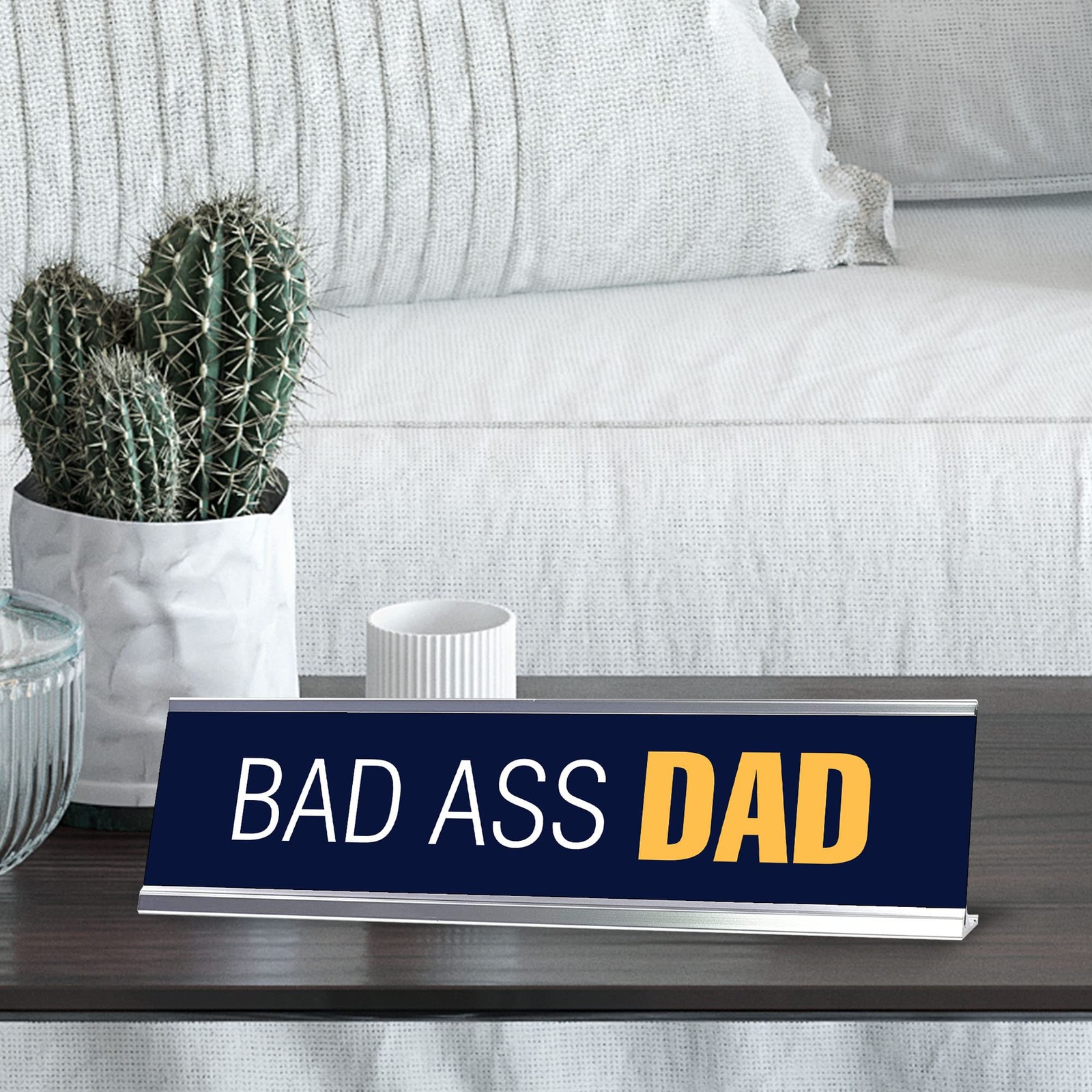 Bad Ass Dad, Navy Blue Silver Frame Desk Sign (2 x 8″)