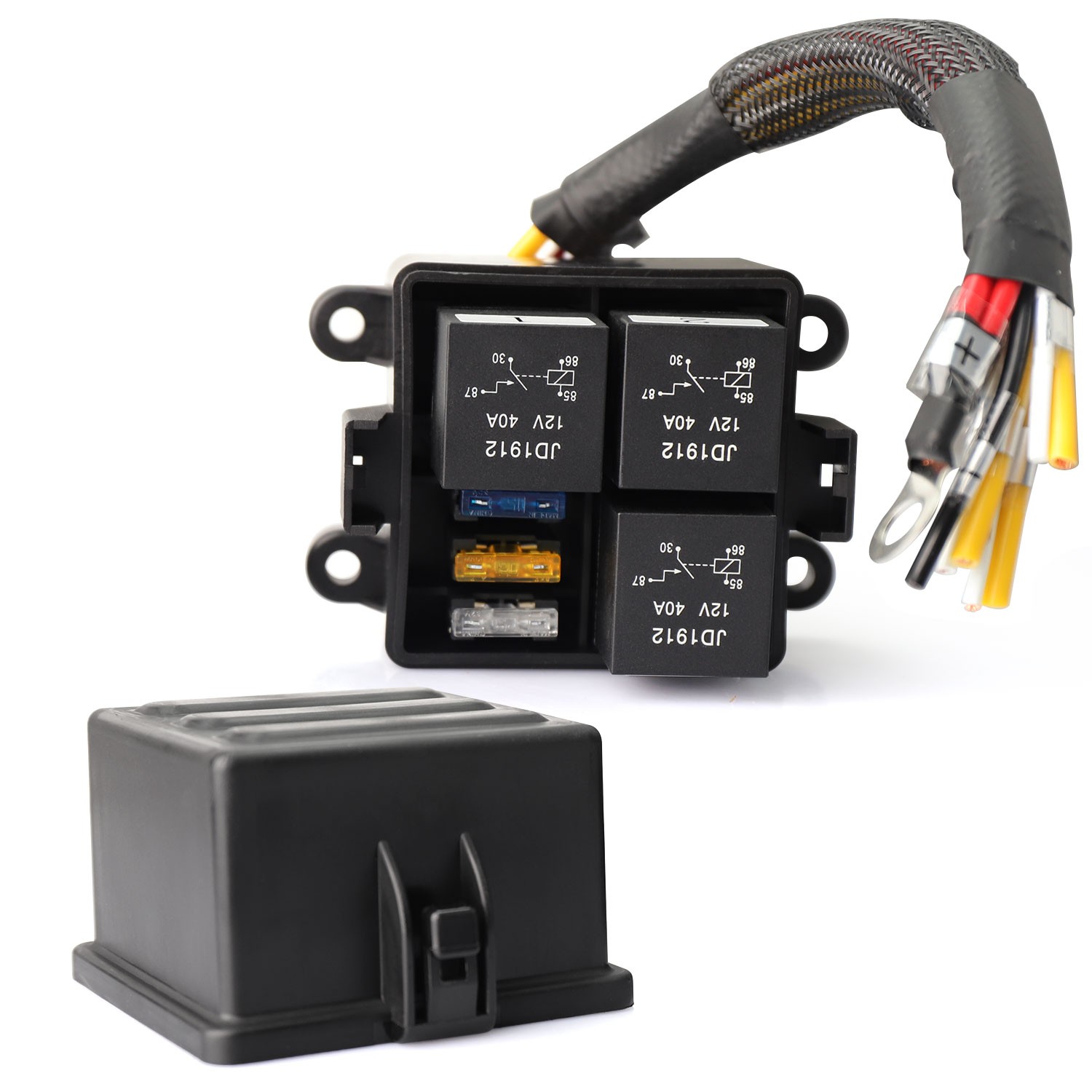 12V Automotive Relay Box 3 Way Relay Fuse Box, with 12 AWG Pre-Wired Universal