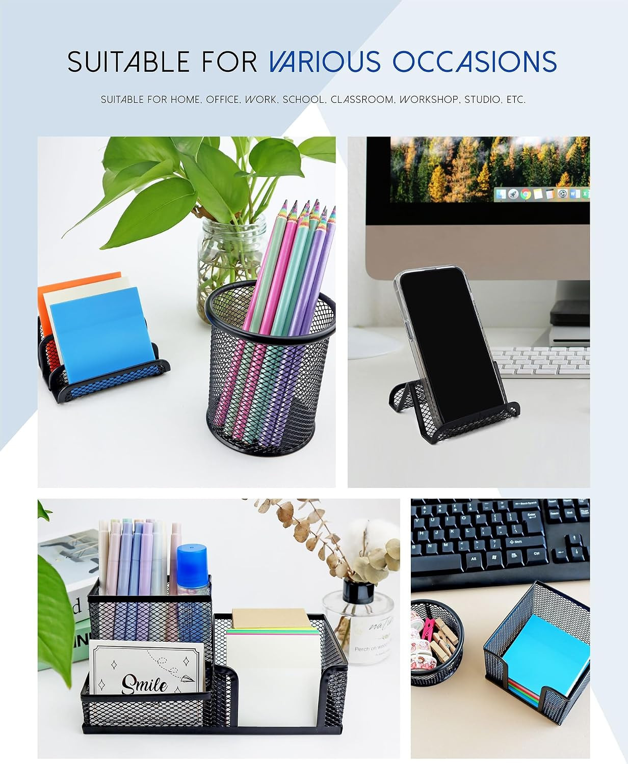 Desk Organizer Set, 6 Piece Mesh Office Accessories, Pen Holder, Phone Stand