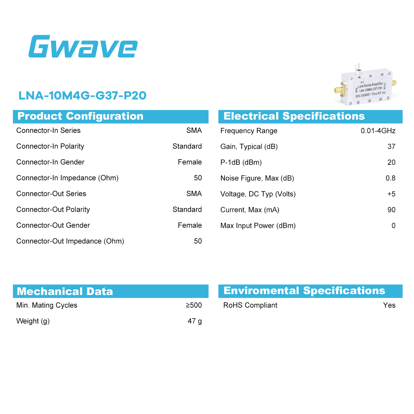 SMA Female Low Noise Amplifier (LNA), 37dB Gain, 0.8dB Noise Figure, 0.01 – 4GHz